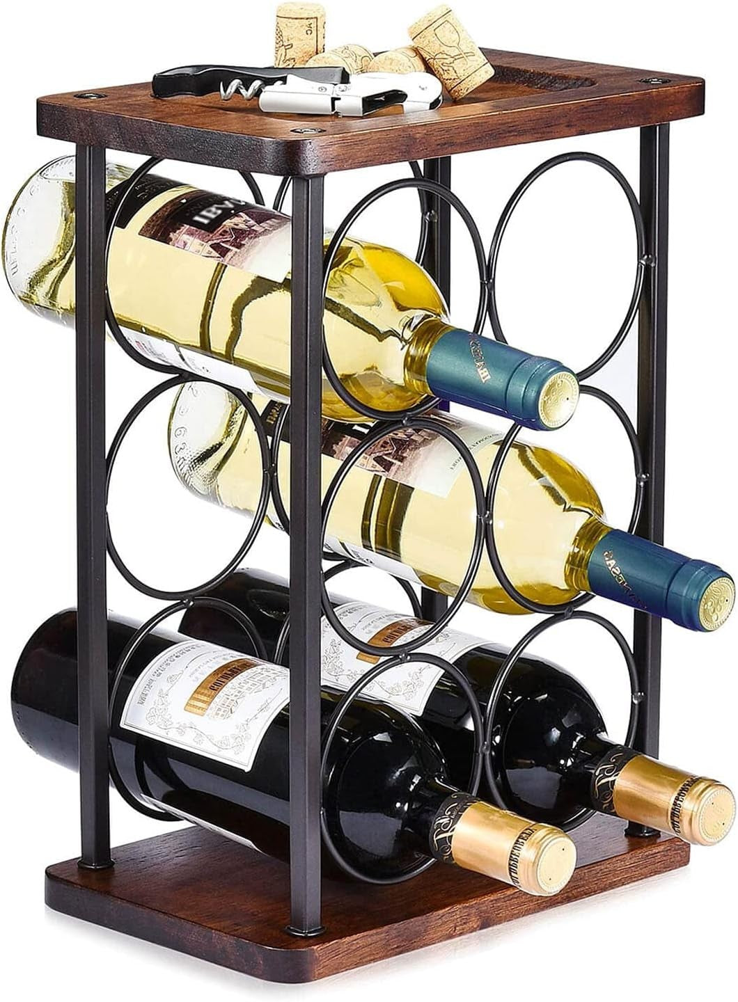 Countertop Wine Rack Holder 6 Bottle Storage Metal & Wood Free Standing Display