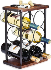 Countertop Wine Rack Holder 6 Bottle Storage Metal & Wood Free Standing Display