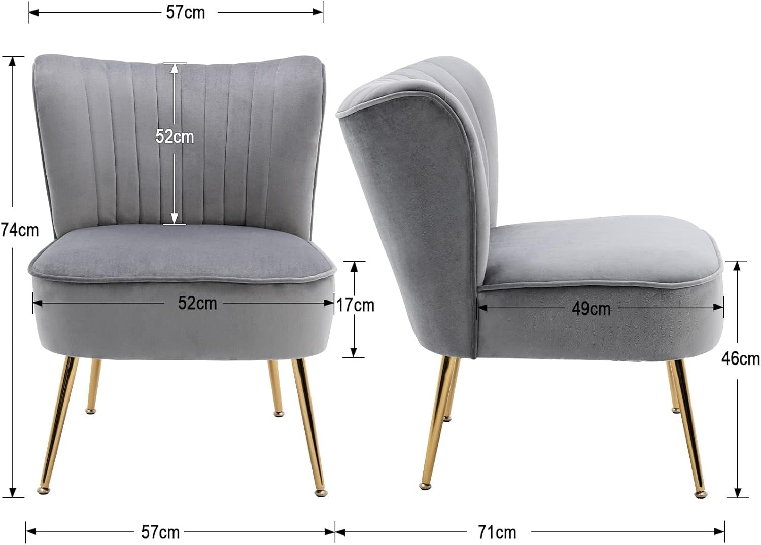 Grey Velvet Accent Chair Gold Metal Legs Lounge Tub Seat