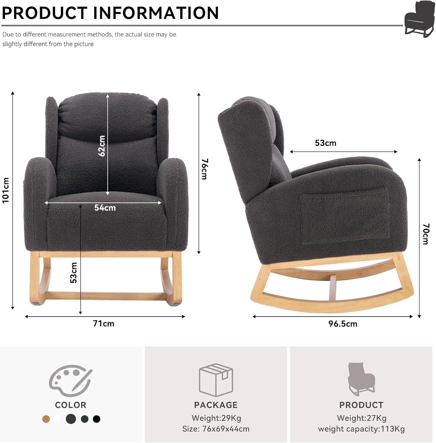 Teddy Rocking Chair Nursing Recliner Armchair Wing Back Faux Fur Grey