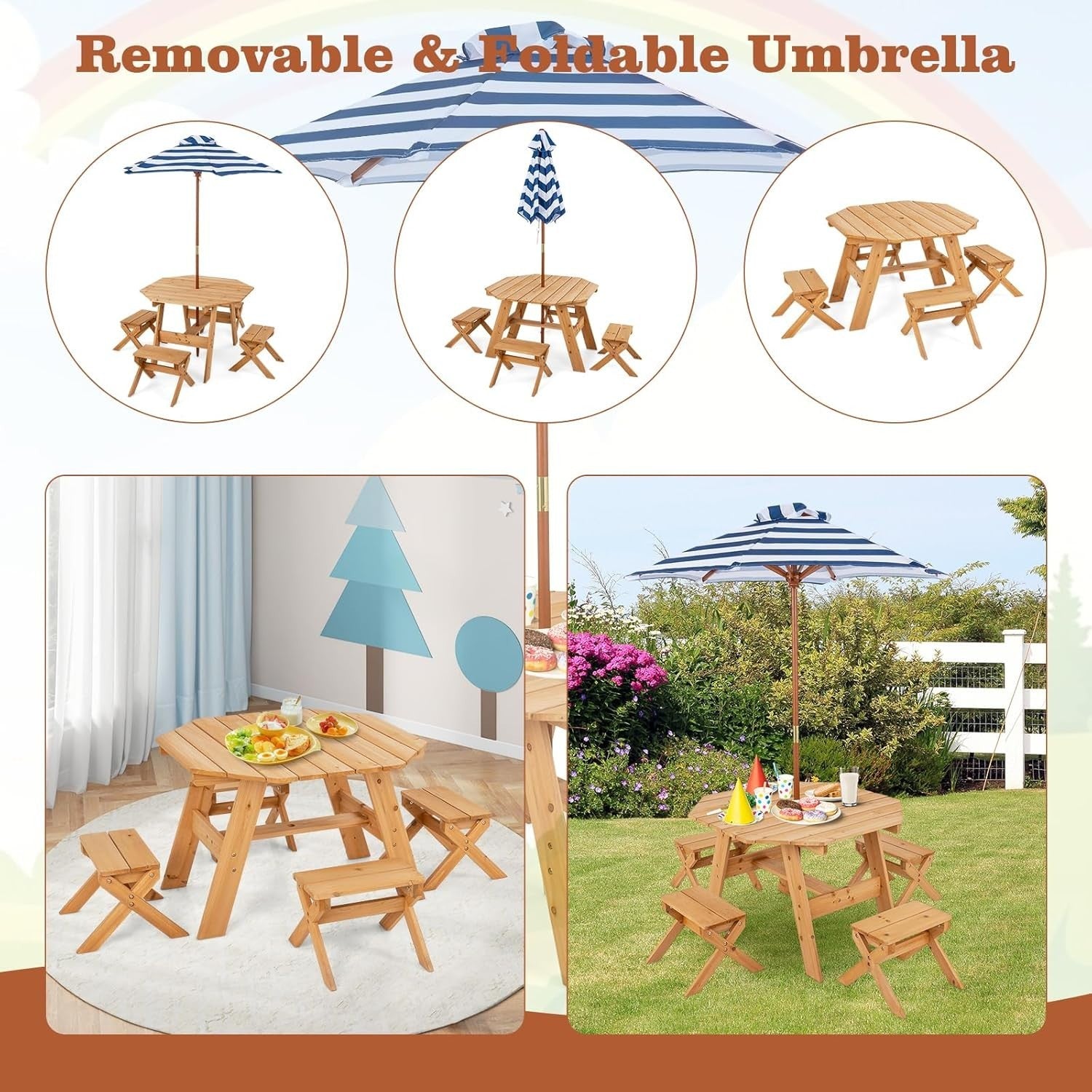 Kids Outdoor Wooden Picnic Table Set w/ Benches & Parasol | 4 Seater