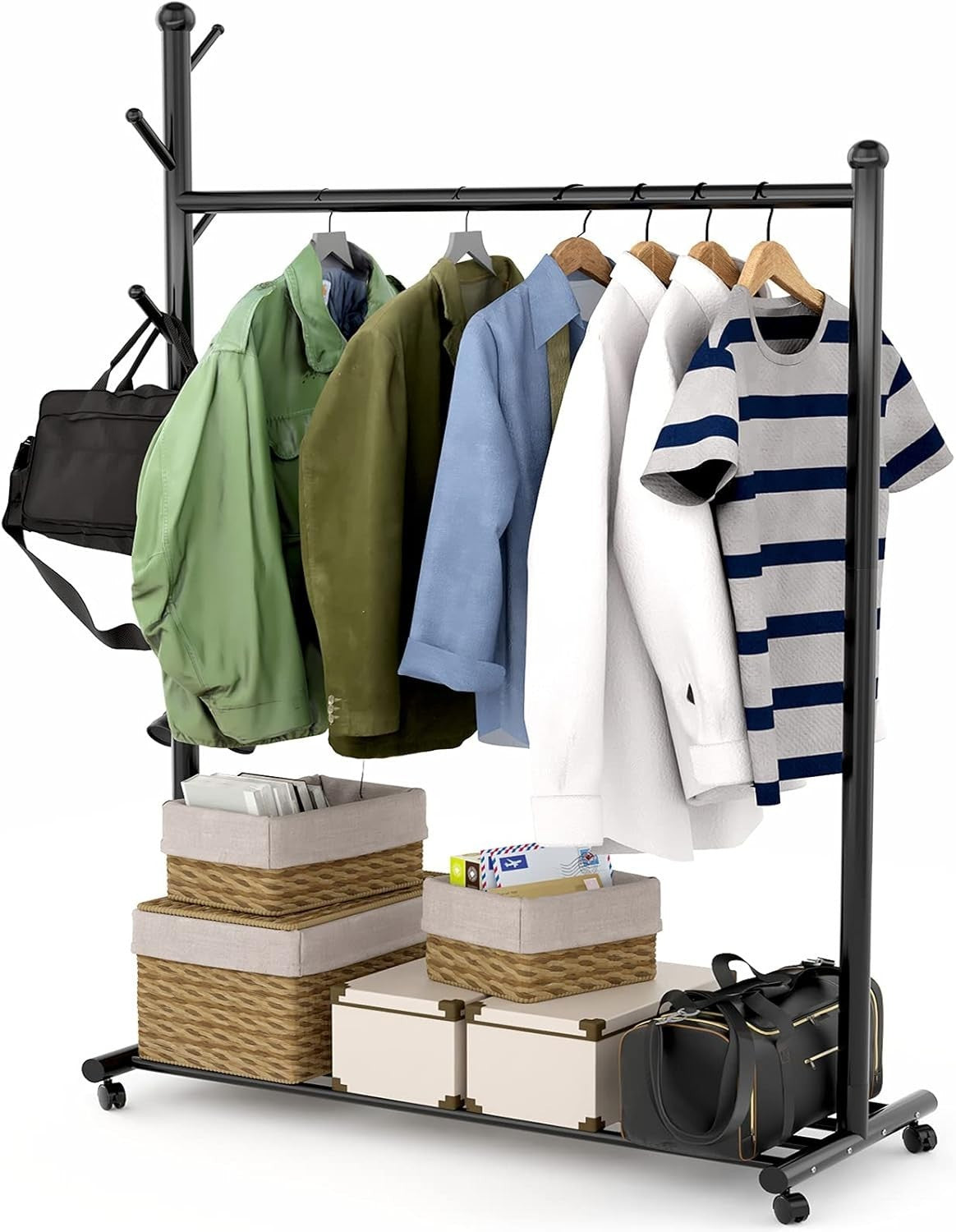 Heavy Duty Clothes Garment Rack with Shelf Wheels Metal Black