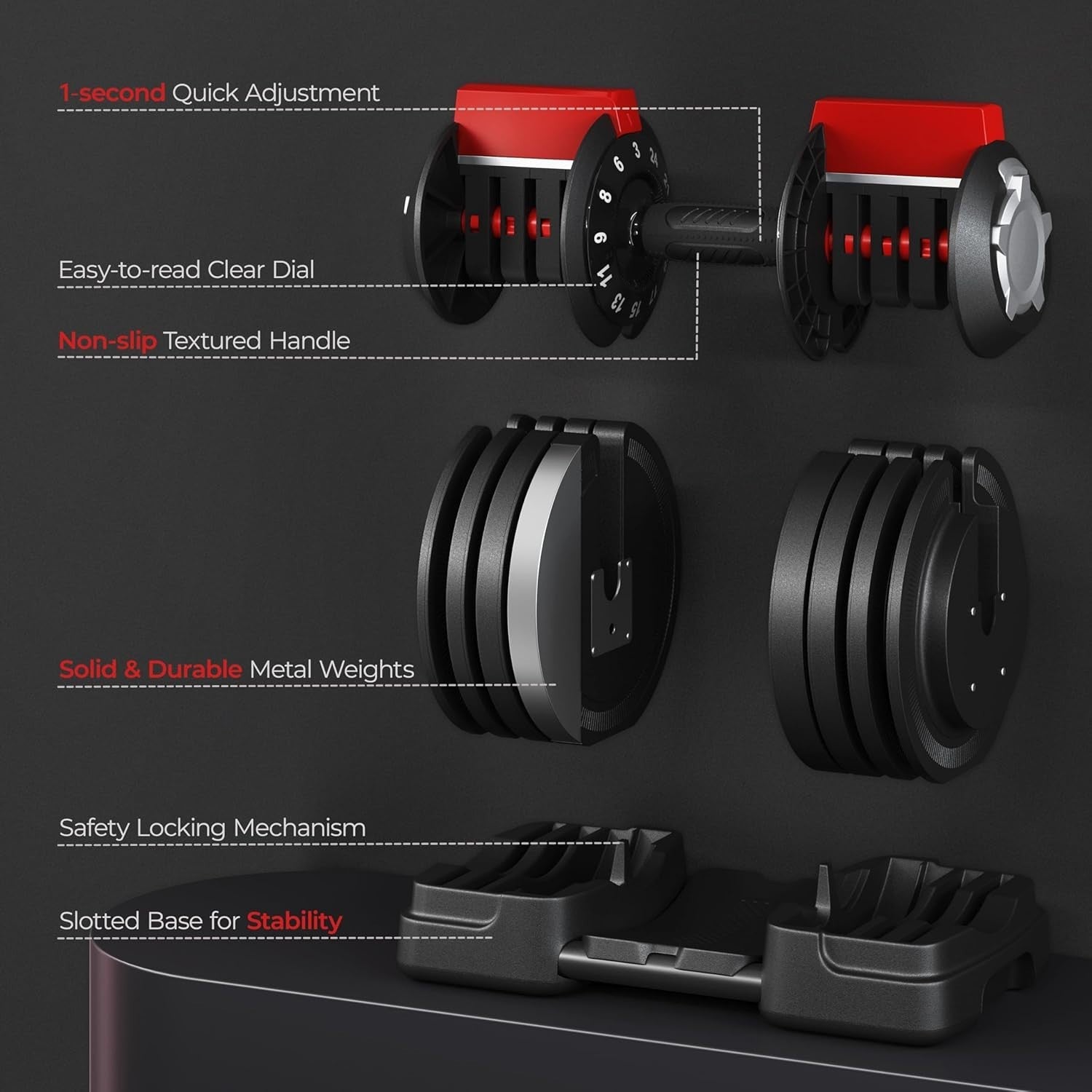 Adjustable Dumbbell Set 24kg 12-in-1 Fast Dial Space-Saving Home Gym
