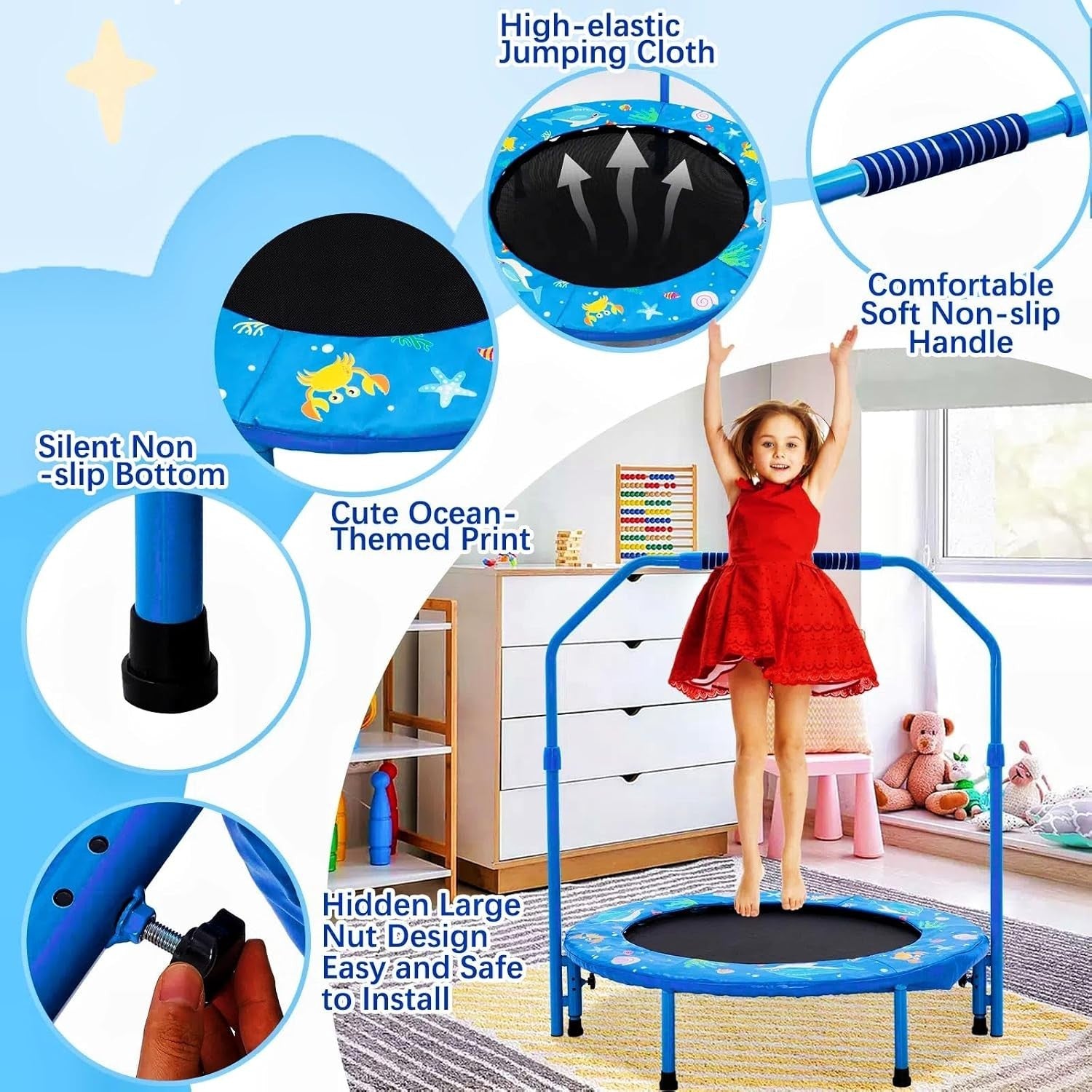 36'' Kids Mini Trampoline Adjustable Handle Foldable Quiet Indoor Outdoor