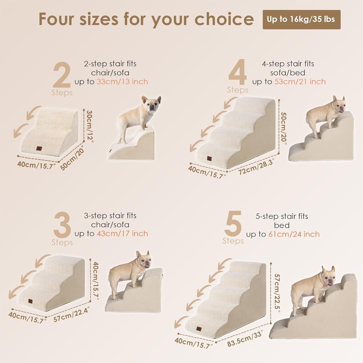 4 Step Dog Stairs for High Bed Non Slip Foam Pet Steps Washable Cream