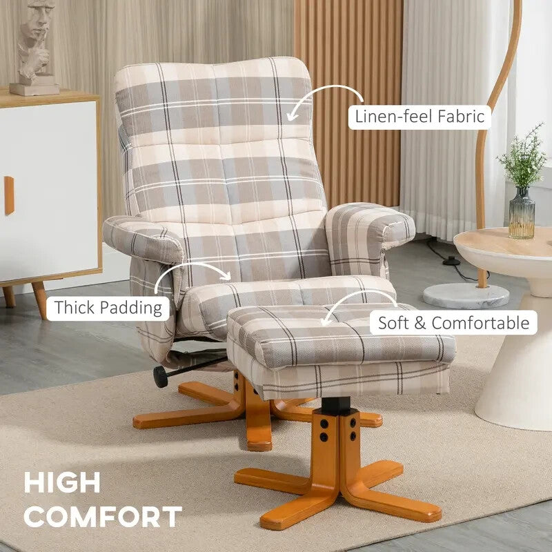 Linen Swivel Recliner Armchair with Footstool Storage & Wood Base