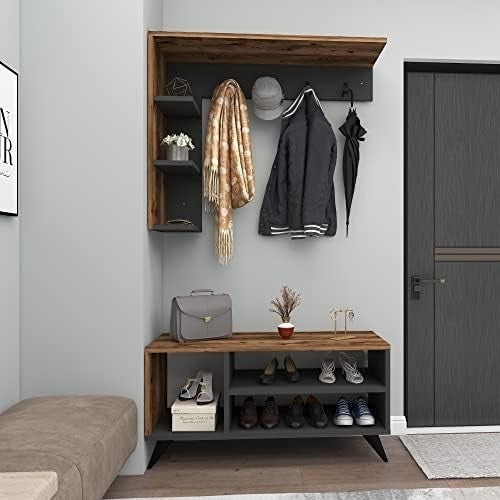 Light Walnut Coat Rack & Shoe Storage Bench – Modern Hallway Organizer Unit