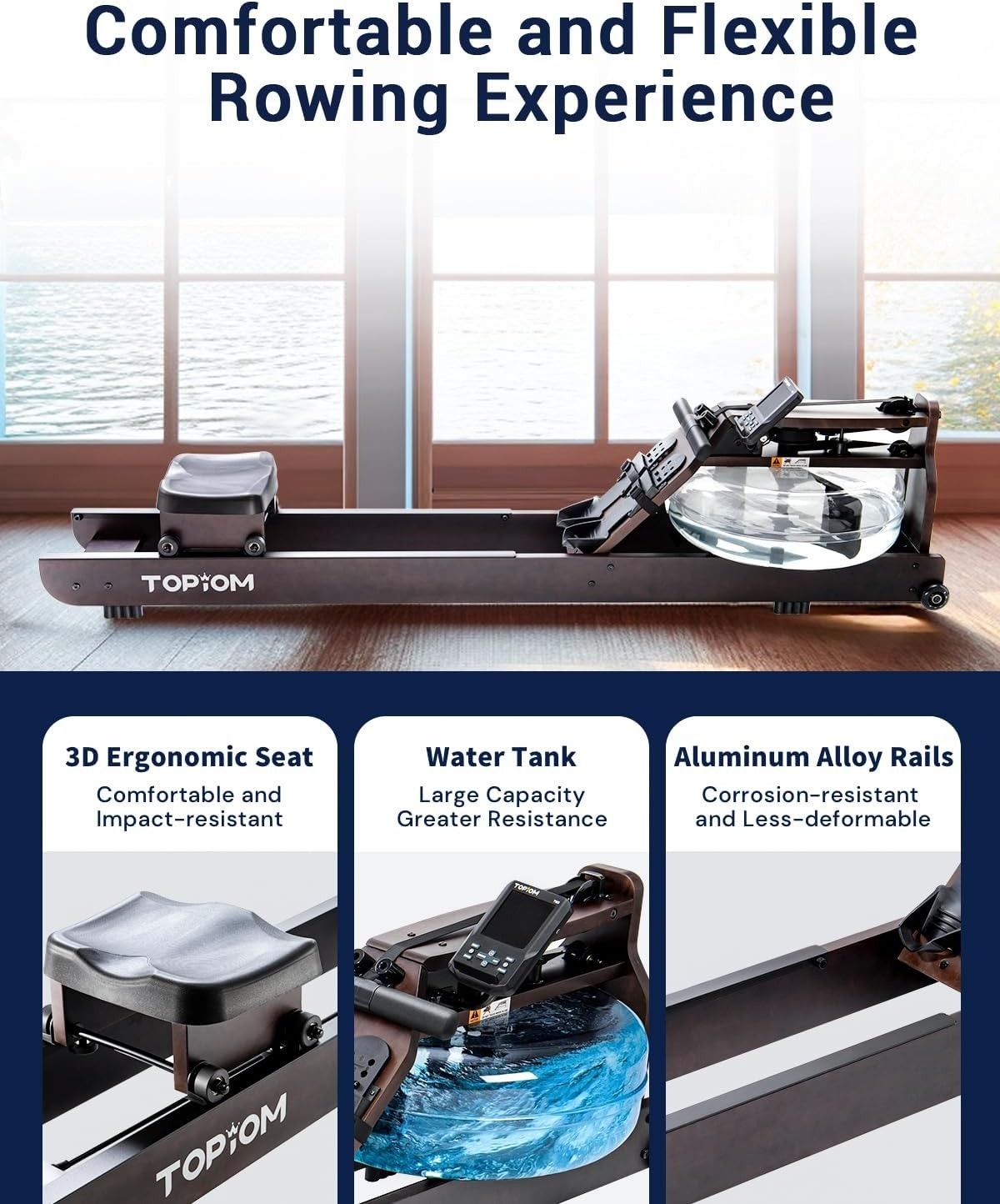 Oak Wood Water Rowing Machine Foldable Bluetooth TM3 Display Home Rower 182KG