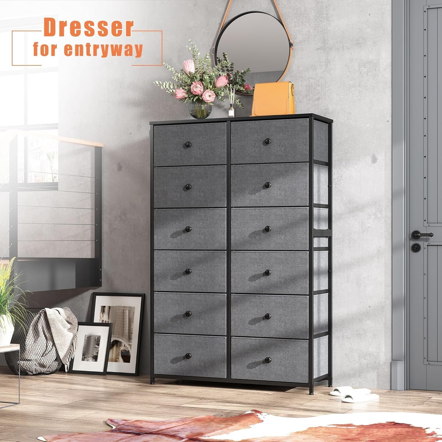 Tall 12 Drawer Chest Light Grey Fabric Storage Cabinet Metal Wood Frame