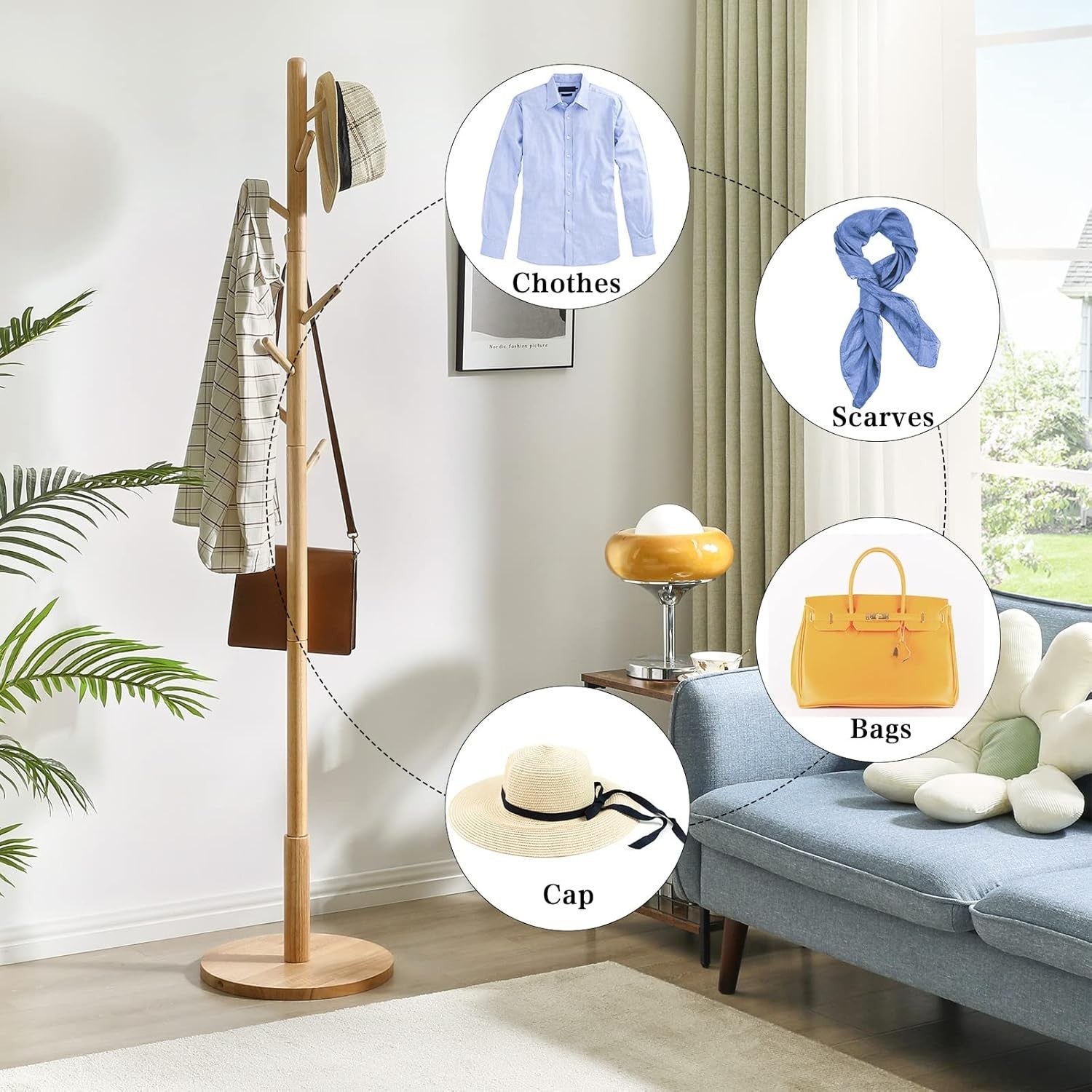 Natural Wooden Coat Rack Stand | 8 Hooks Round Base Hall Tree for Coats Hats