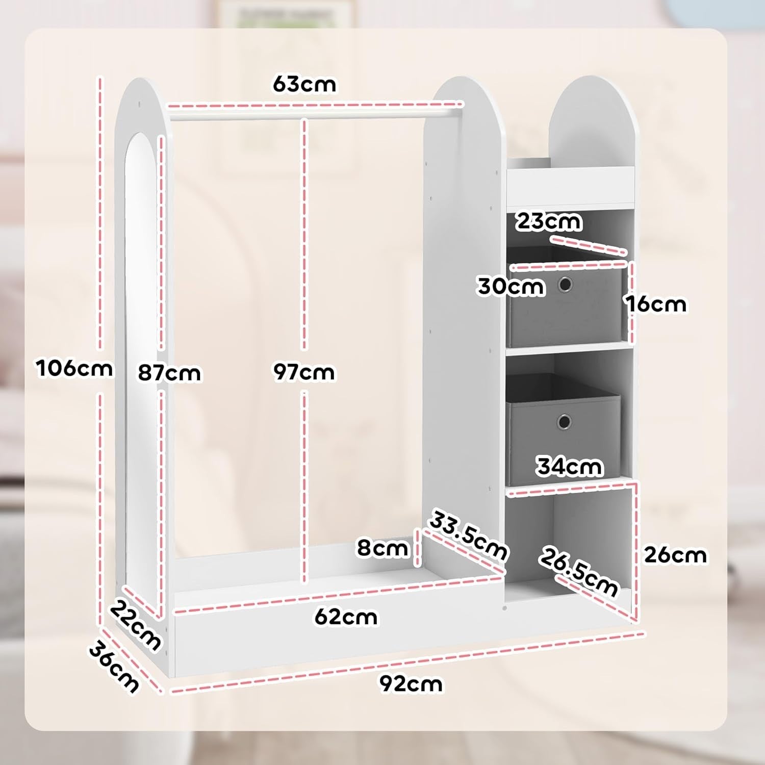 Kids Wardrobe with Mirror & Boxes, Dress Up Rail White