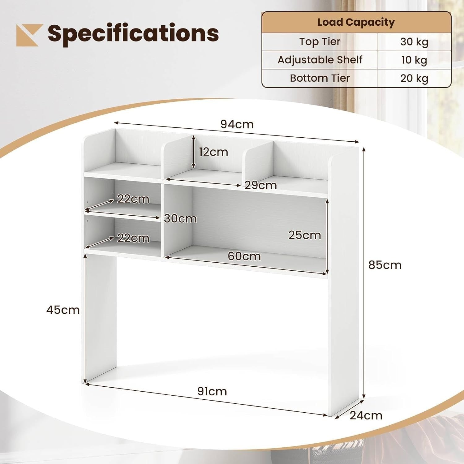 94cm White Desk Hutch – 3-Tier Desktop Bookshelf with Adjustable Shelves