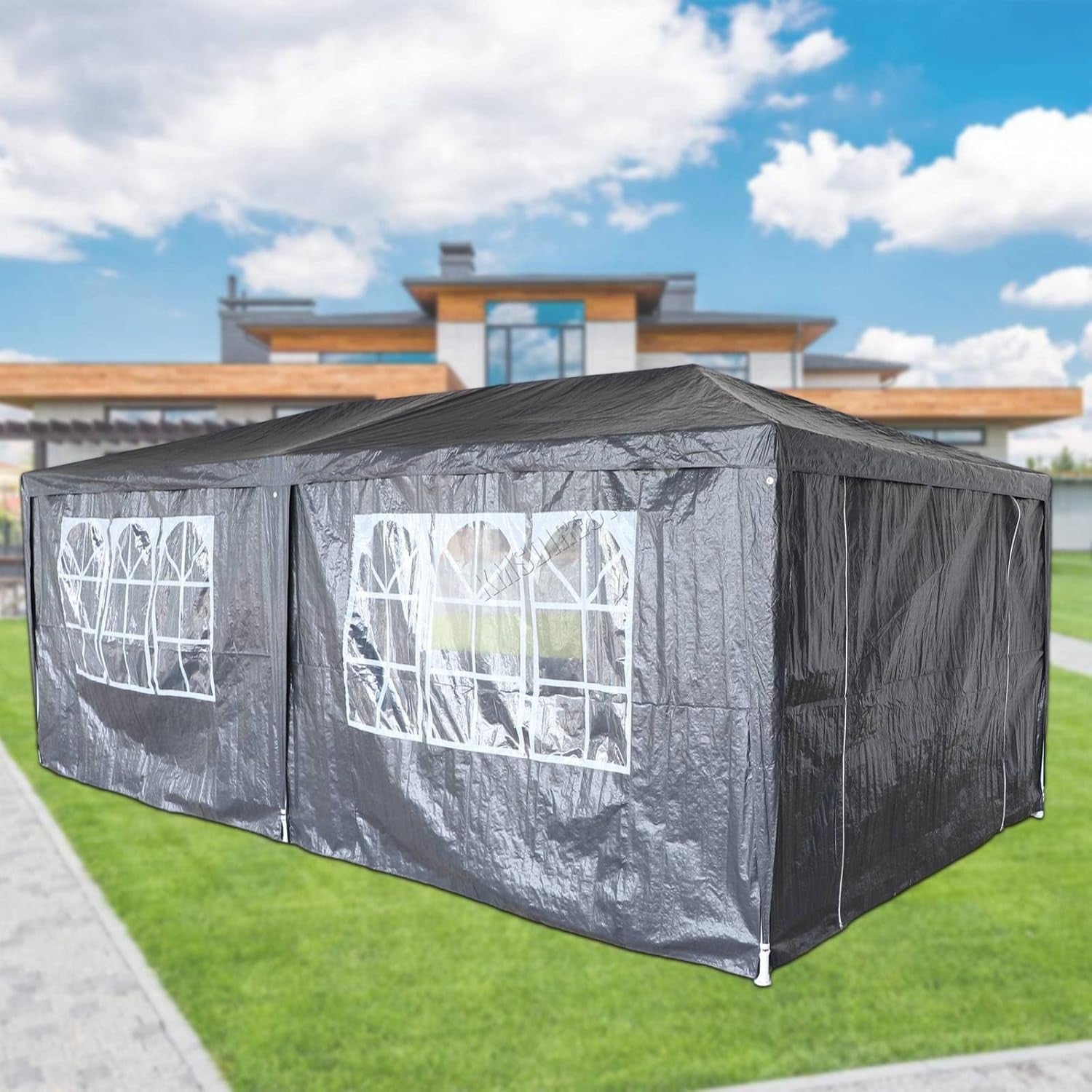 3x6M Steel Frame Gazebo With 6 Sidewalls Waterproof Garden Party Tent Grey