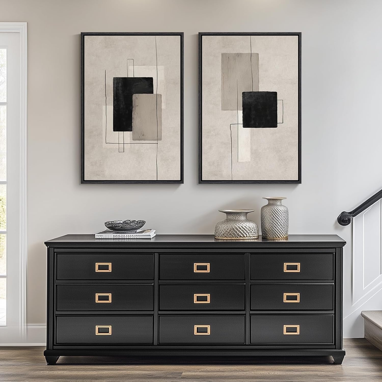 Set of 2 Neutral Abstract Canvas Wall Art 16x24in Framed