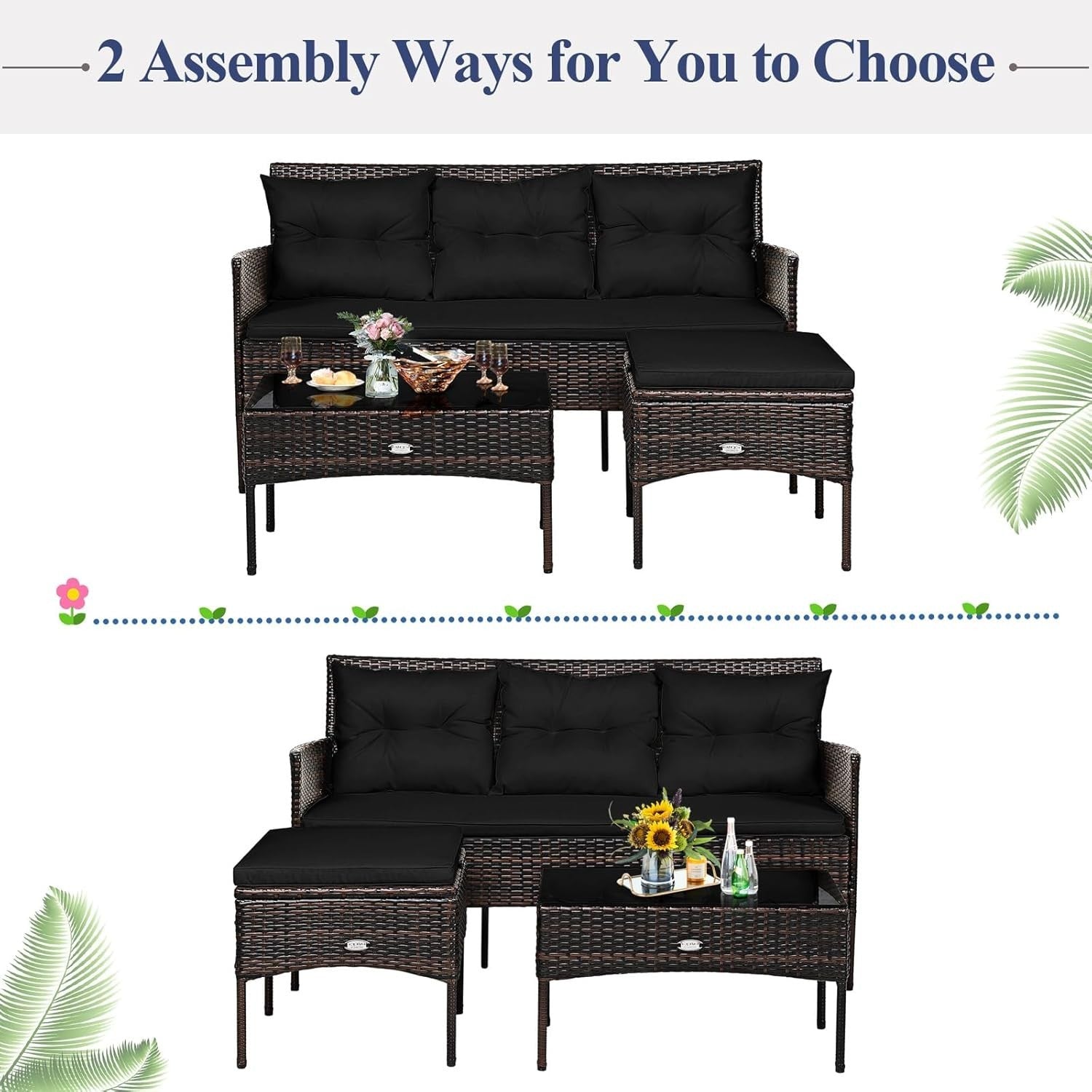Black Rattan Corner Garden Sofa Set 4 Seater Patio Lounge Table Stool