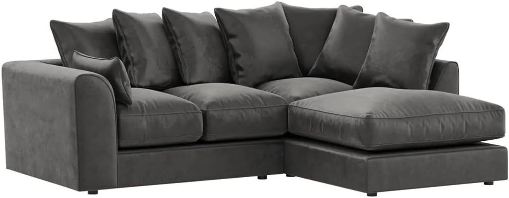 Grey Plush Velvet Corner Sofa with Footstool – 4 Seater RH L Shape Suite