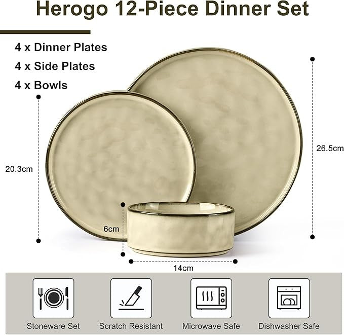 12 Piece Stoneware Dinner Set for 4 Reactive Glaze Plates Bowls Beige