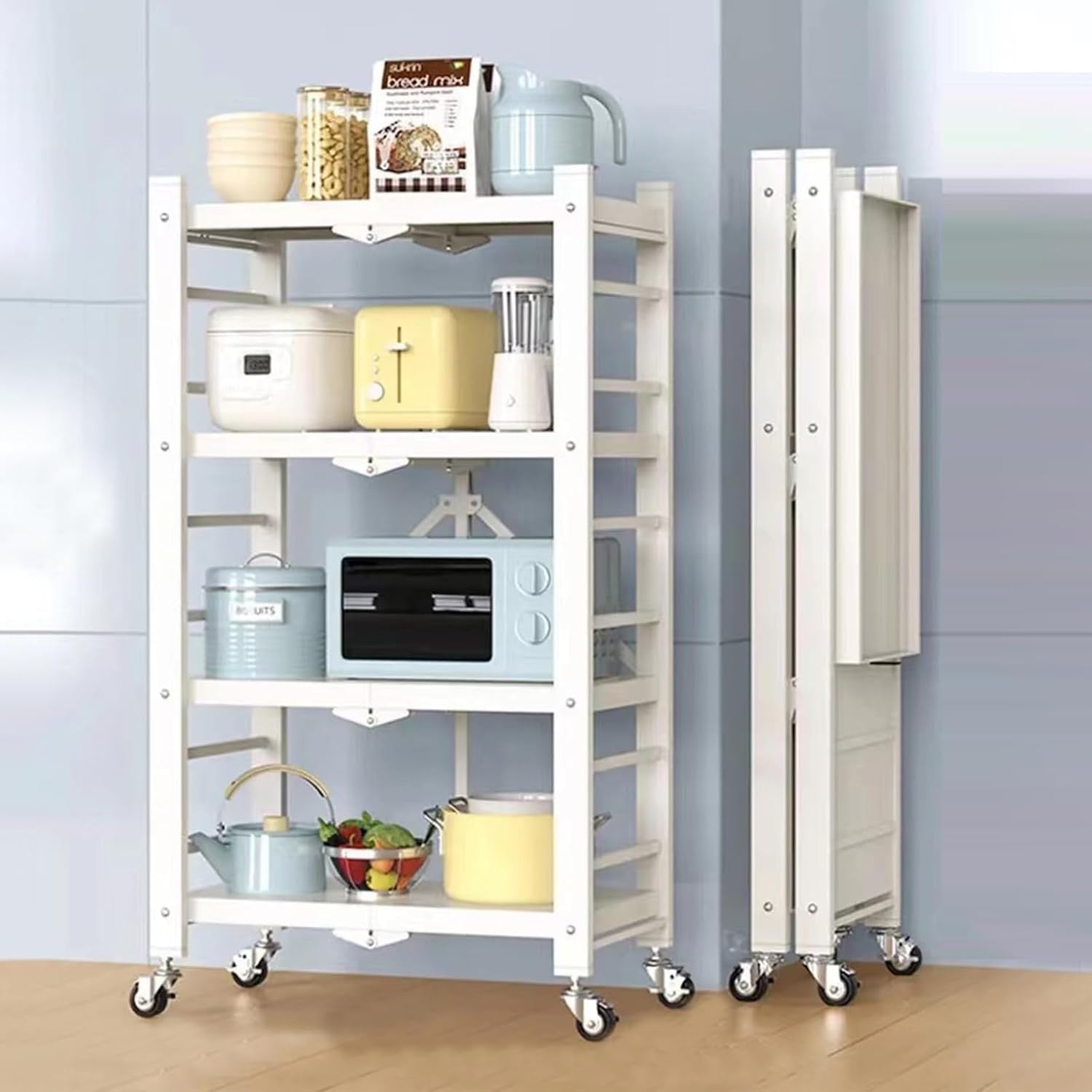 Foldable Storage Shelf Unit Rolling Cart 4 Tier Metal Kitchen Organizer