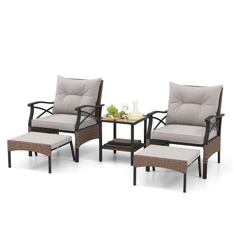 5PC Rattan Patio Furniture Set Chairs Ottomans Table Cushions Garden