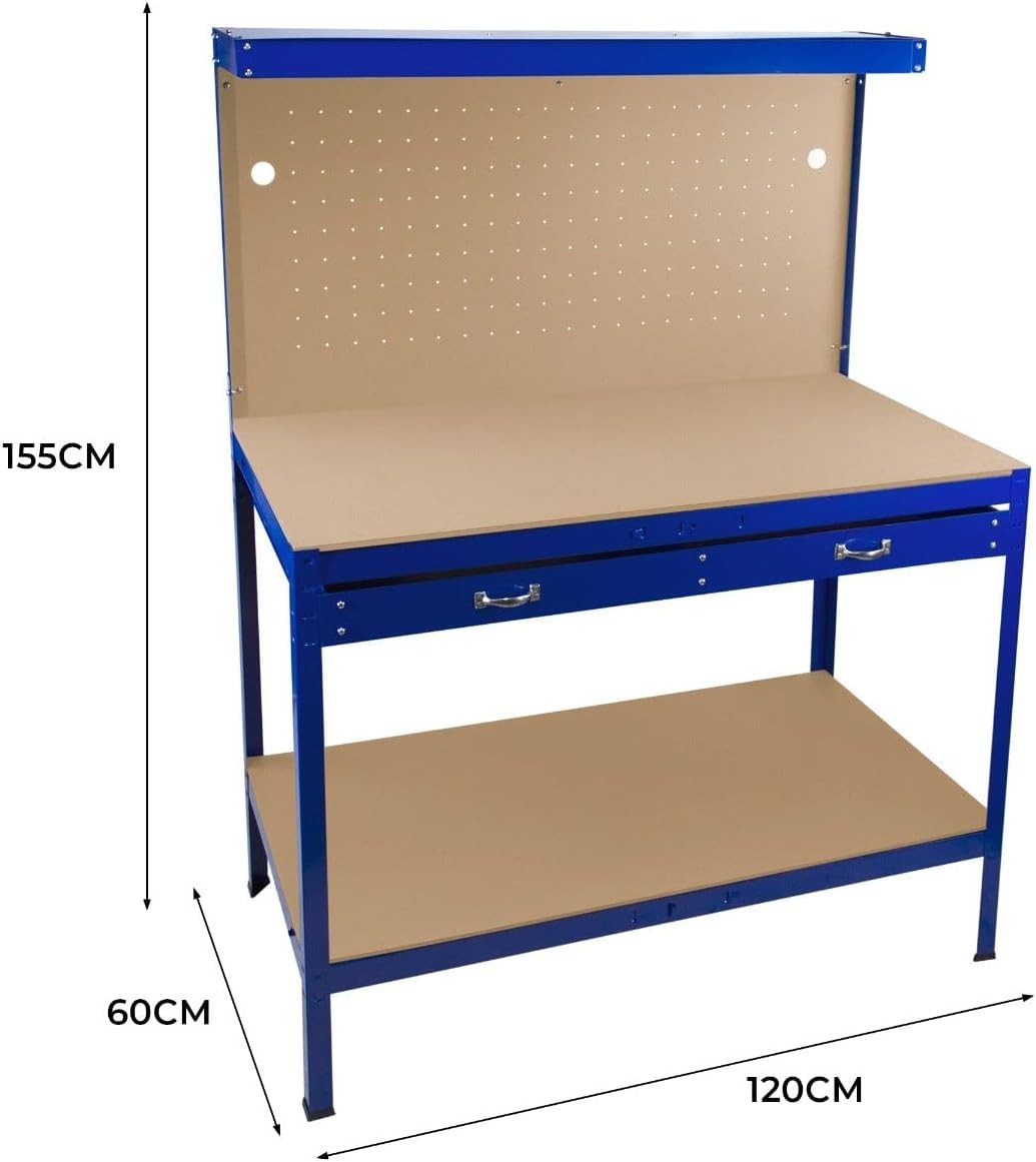 Blue Garage Workbench Steel Pegboard Drawer LED Light 370kg Tool Station