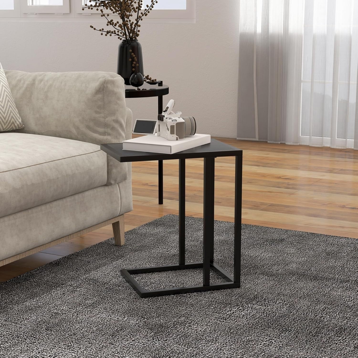 Slim C Shape Sofa Side Table Black Wood | Metal Frame Snack Coffee Stand