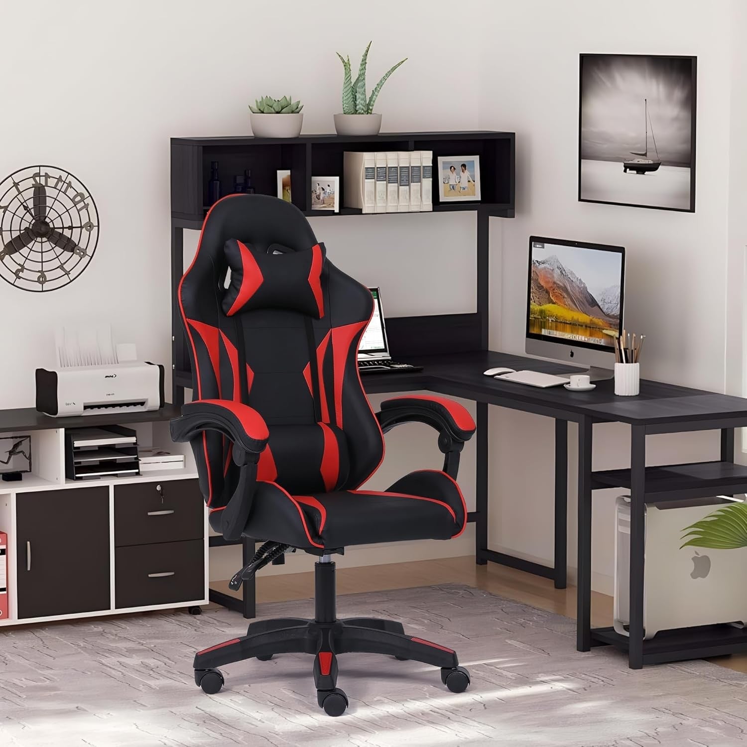 Ergonomic Gaming Chair w/ Lumbar Support Headrest Swivel Red