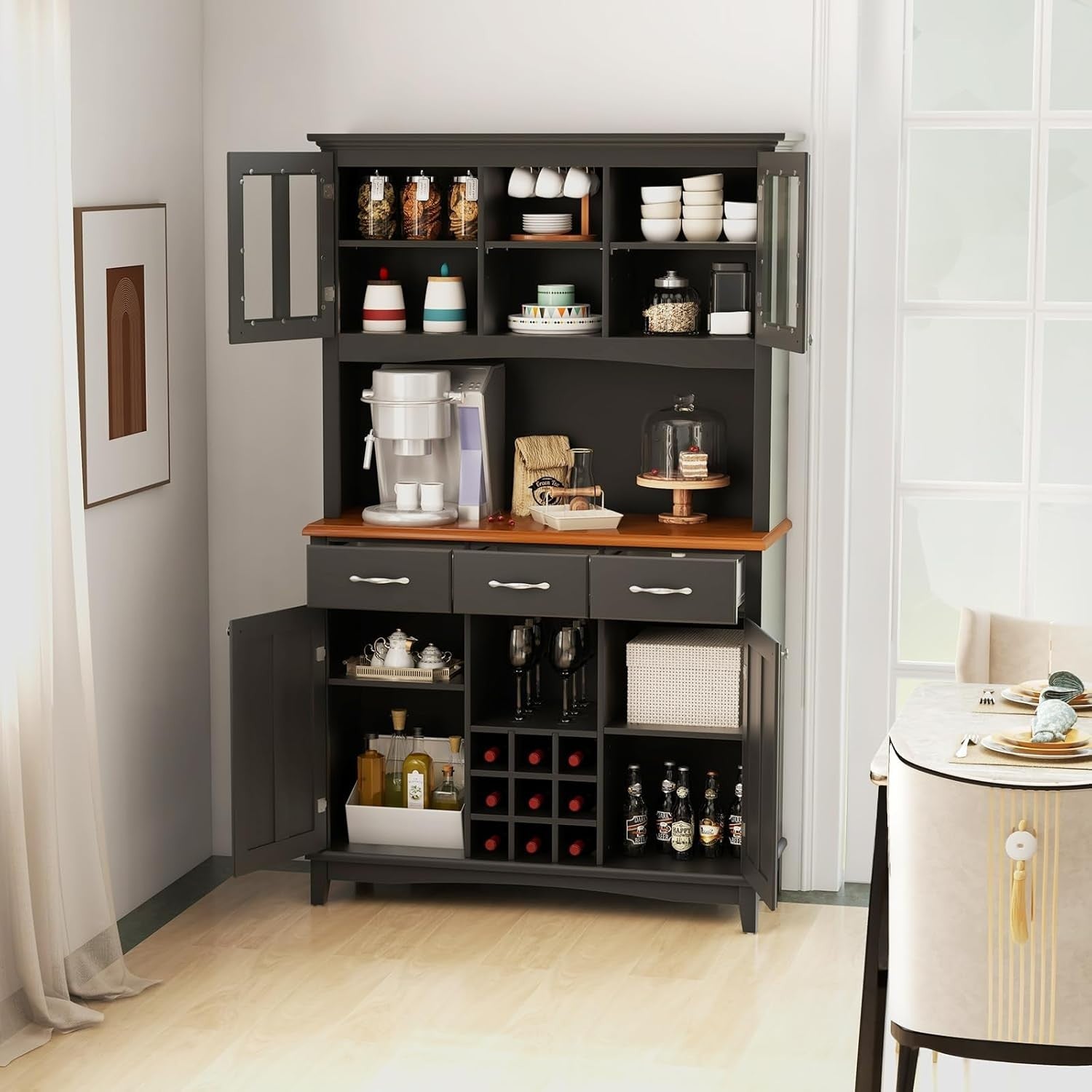 Black Kitchen Sideboard 185cm Storage Cabinet Wine Rack Drawers Glass Doors
