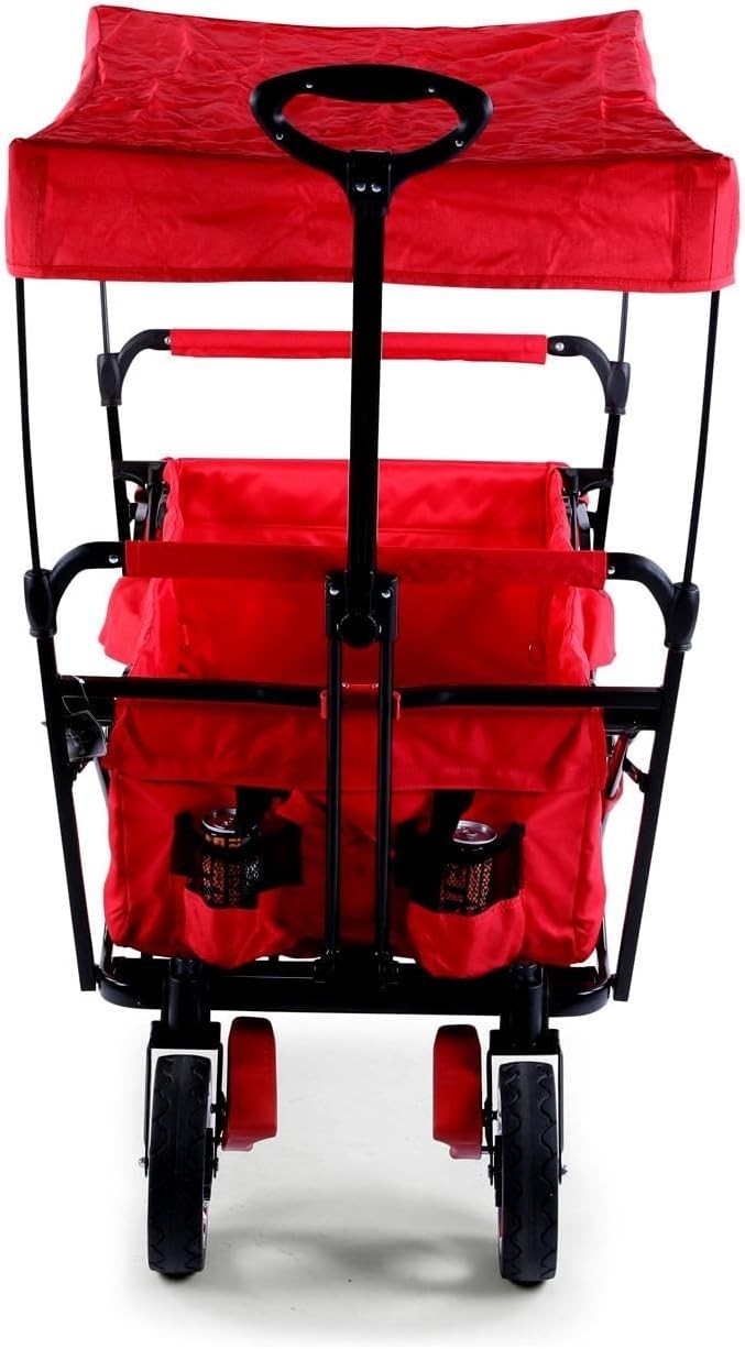 Red Kids Folding Wagon Push Pull Stroller Cart w/ Canopy & Storage Bag