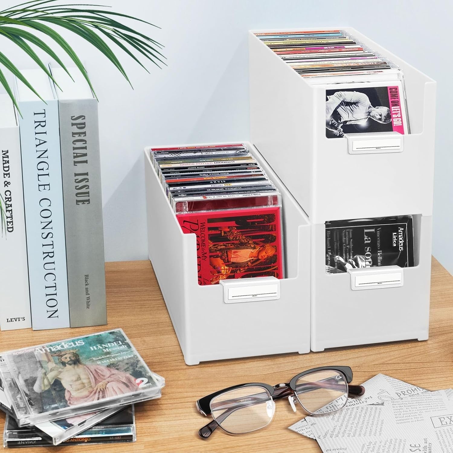 CD Storage Box Stackable Organizer Holds 25 CDs Plastic Media Holder White