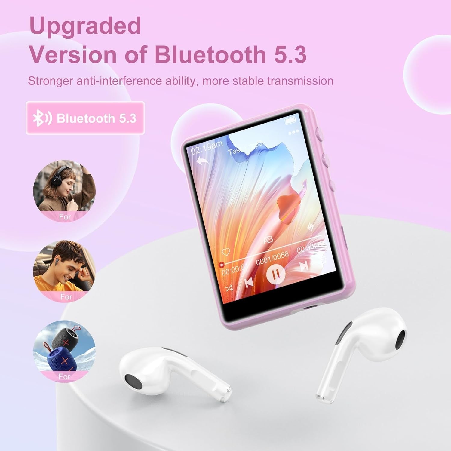 64GB Bluetooth MP3 Player Pink 2.4" Touchscreen HiFi FM