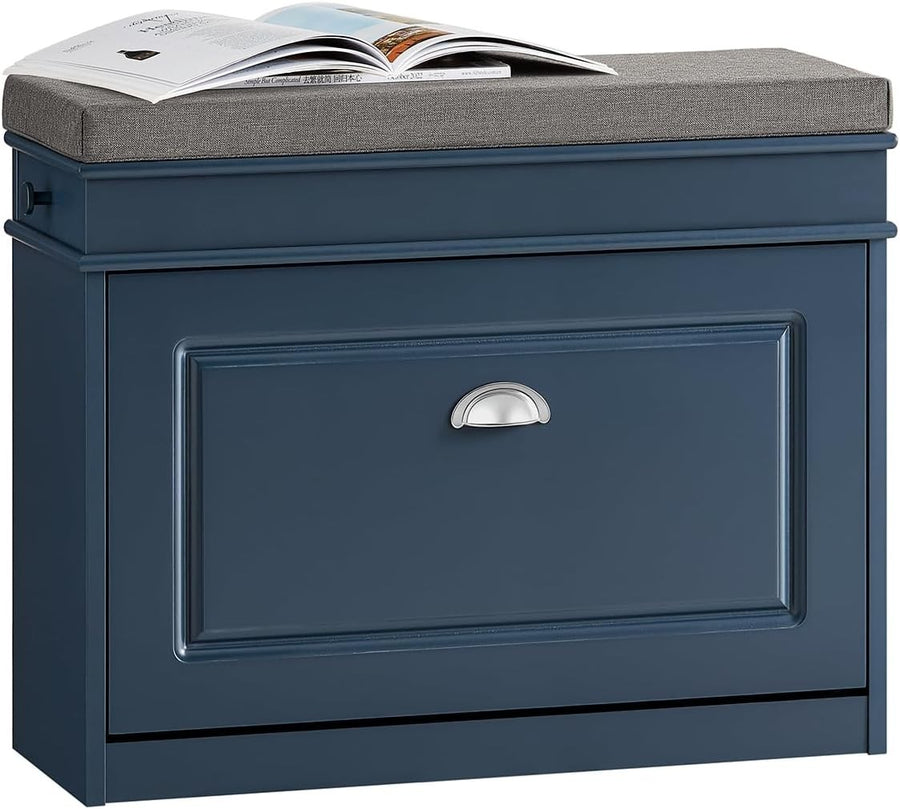 Narrow Shoe Storage Bench with Flip Drawer & Cushion, 150kg Load, Blue