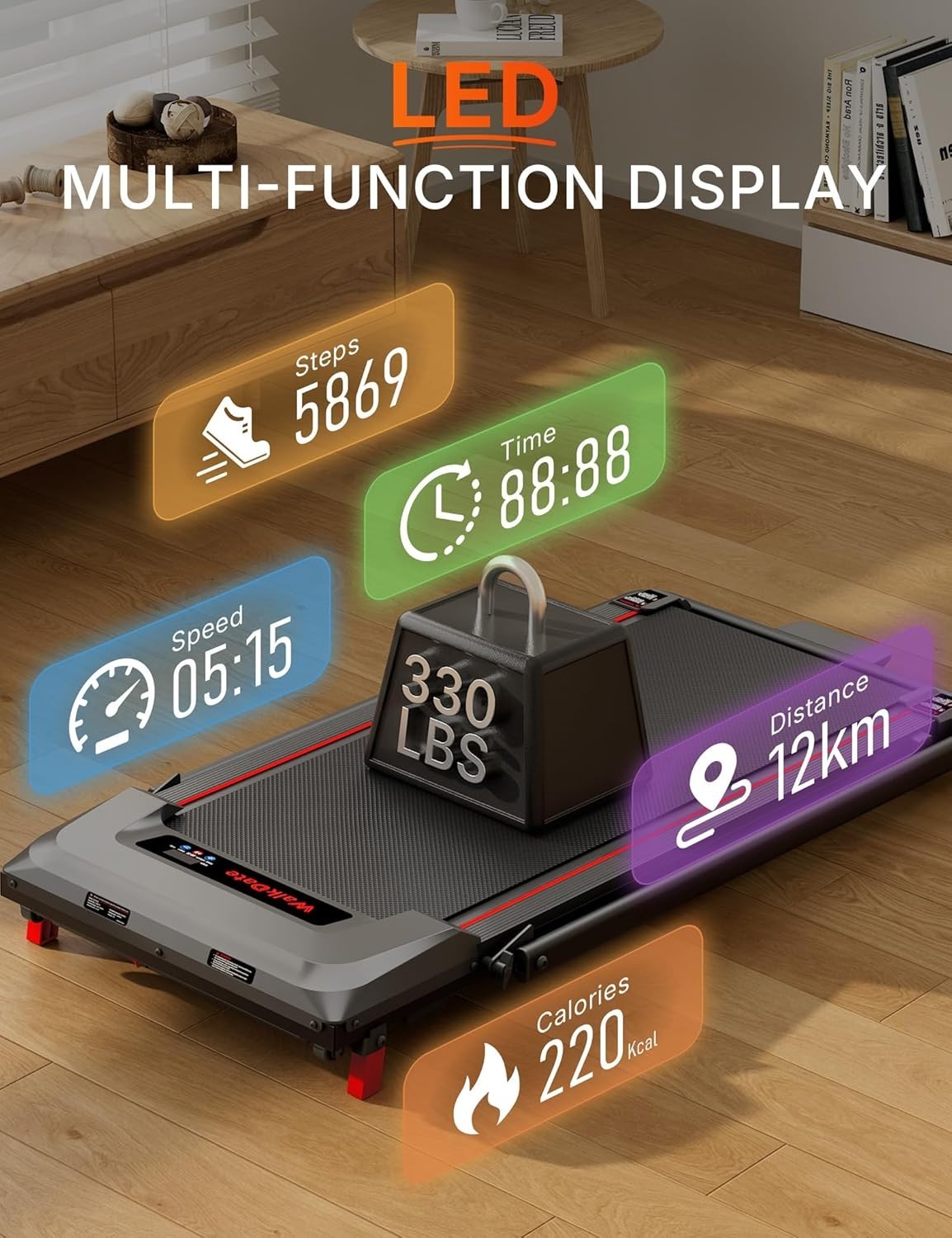 Compact Under Desk Treadmill 330lbs Capacity Low Noise LED Display Home Office