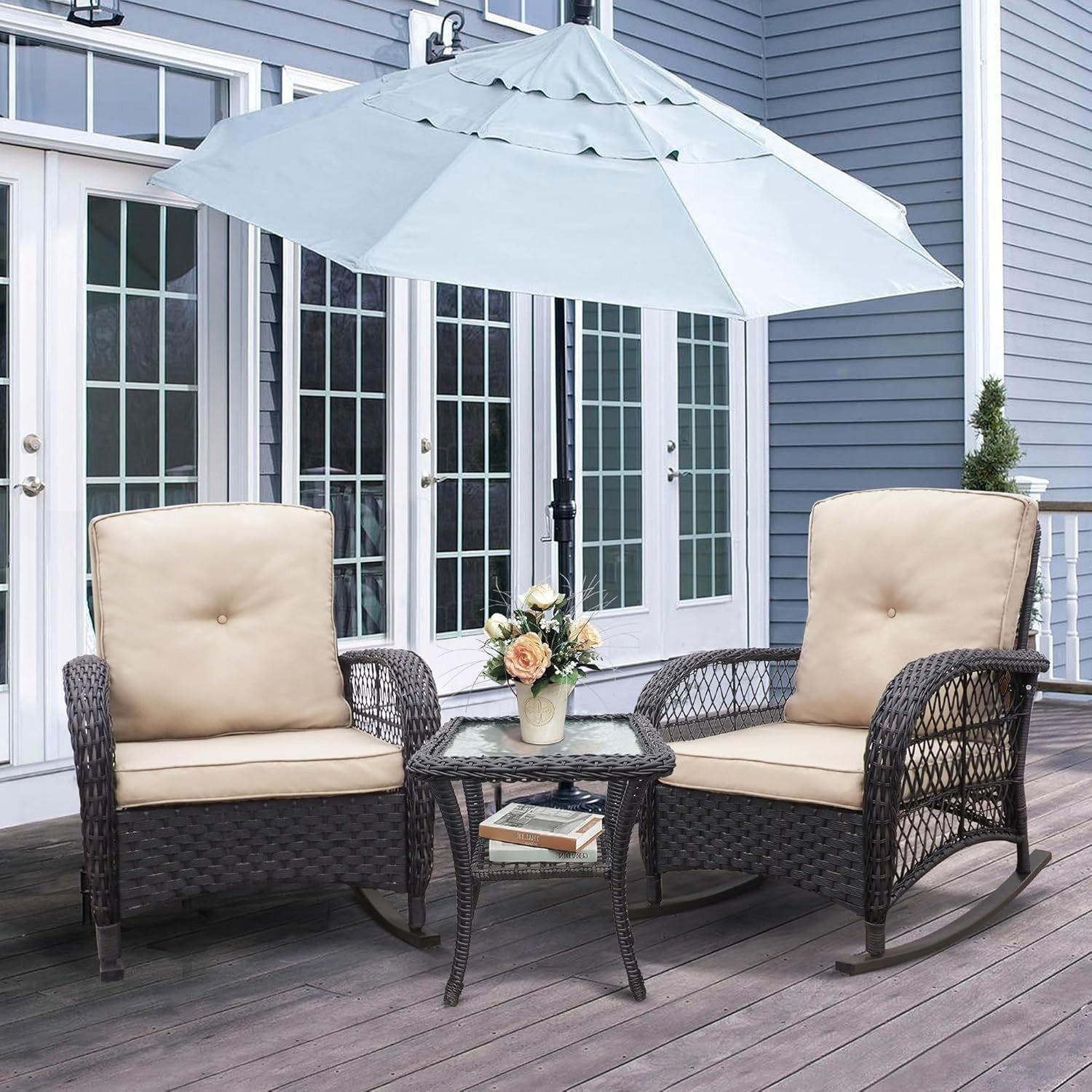 3pc Rattan Rocking Chair Bistro Set w/ Cushions & Glass Table Patio Garden