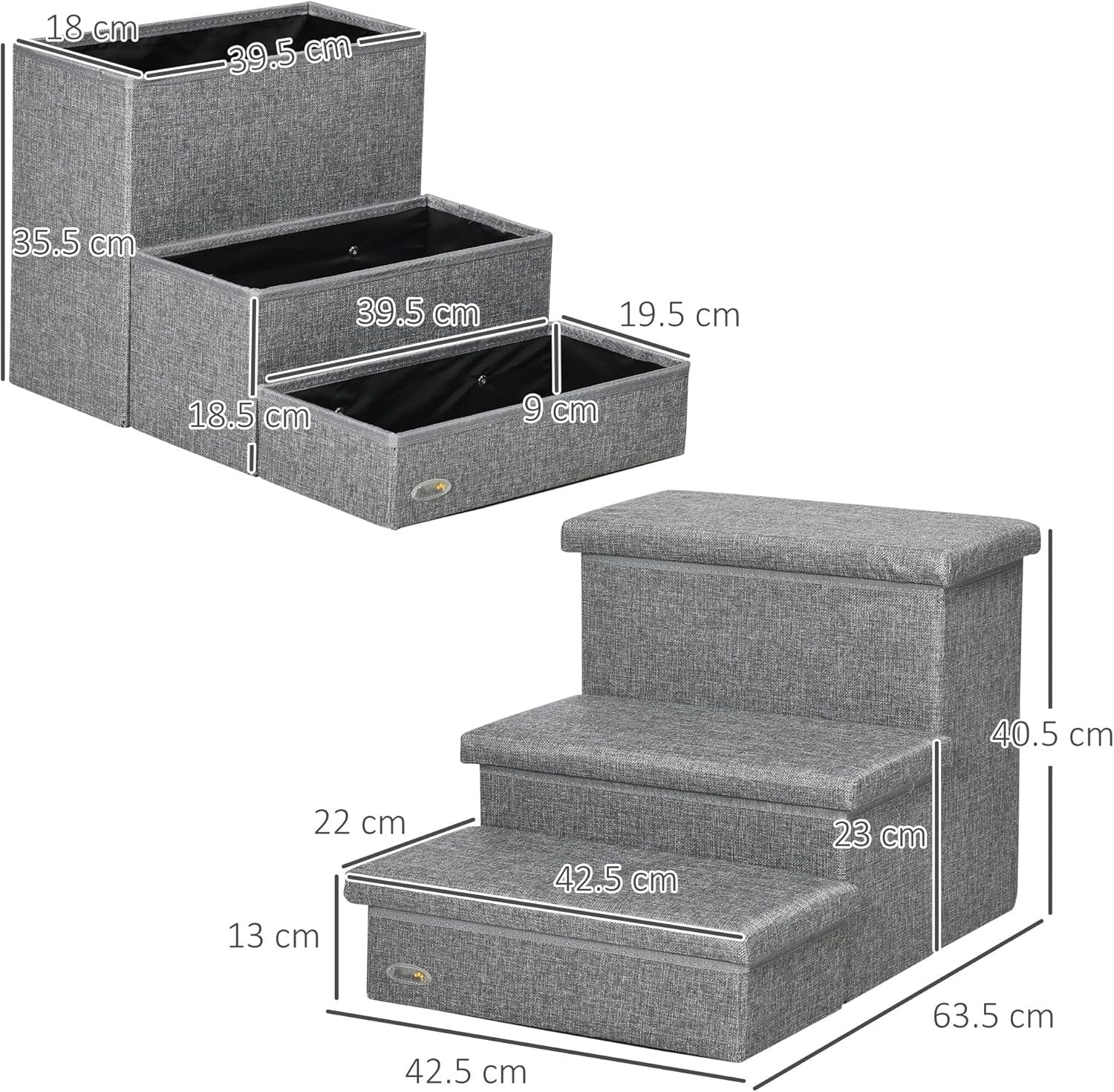 Light Grey 3 Step Dog Stairs with Storage Boxes Pet Steps 63.5cm