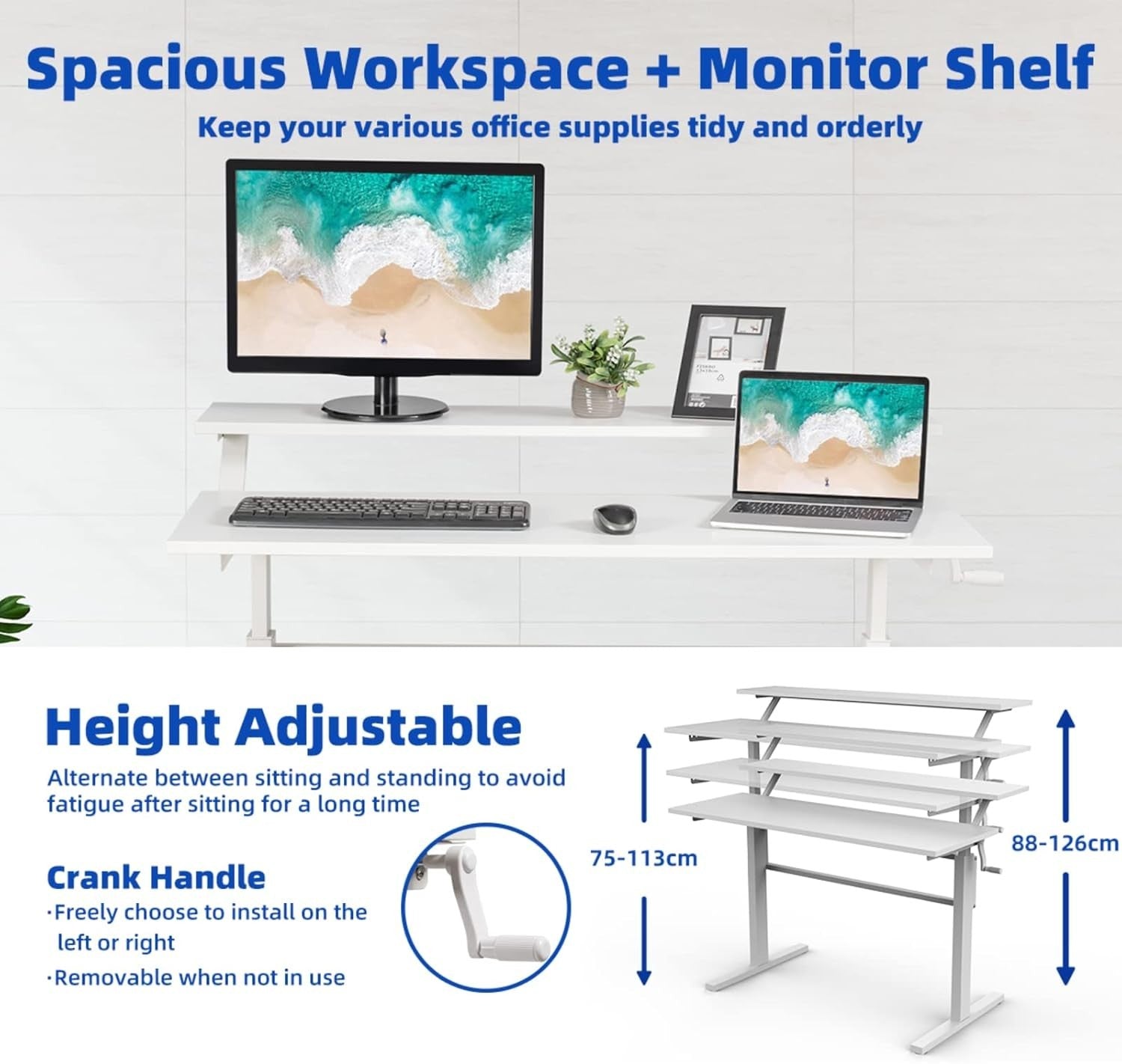 White Adjustable Standing Desk 113cm Crank Handle Sit Stand Table