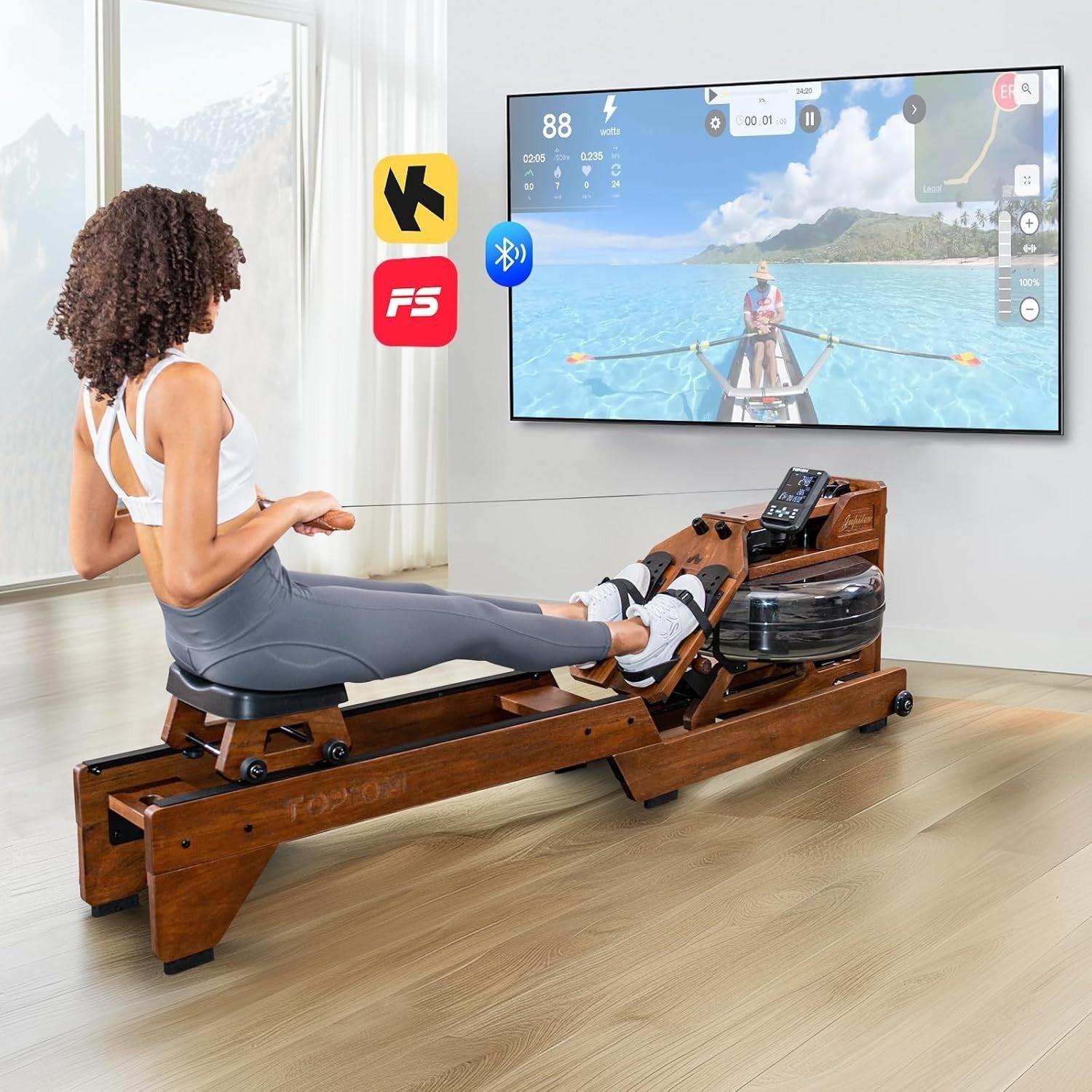 Oak Wood Water Rowing Machine Bluetooth LCD Home Rower 400LB Capacity