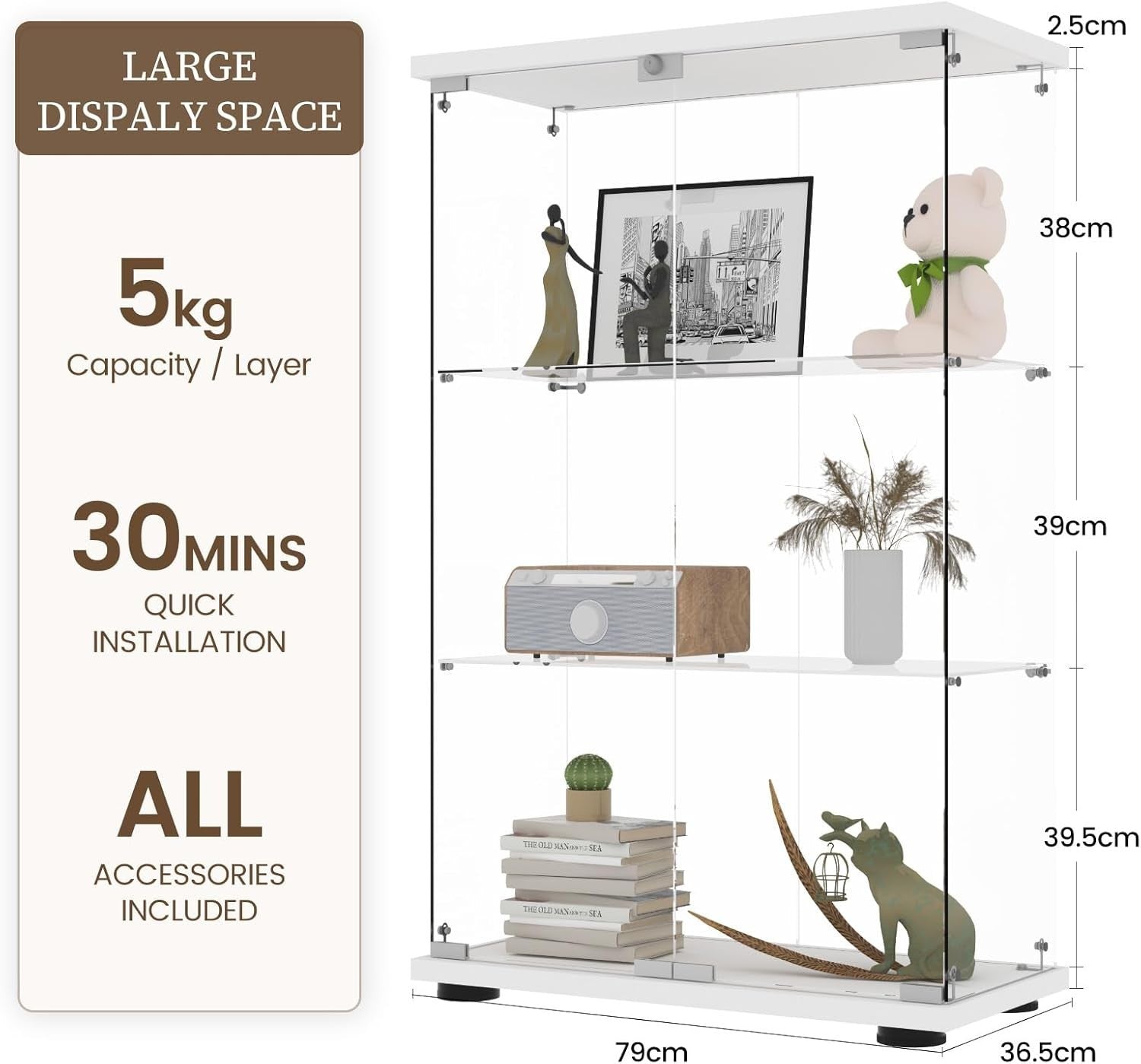 Glass Display Cabinet 49” Double Door Storage with Wood Floor Shelf