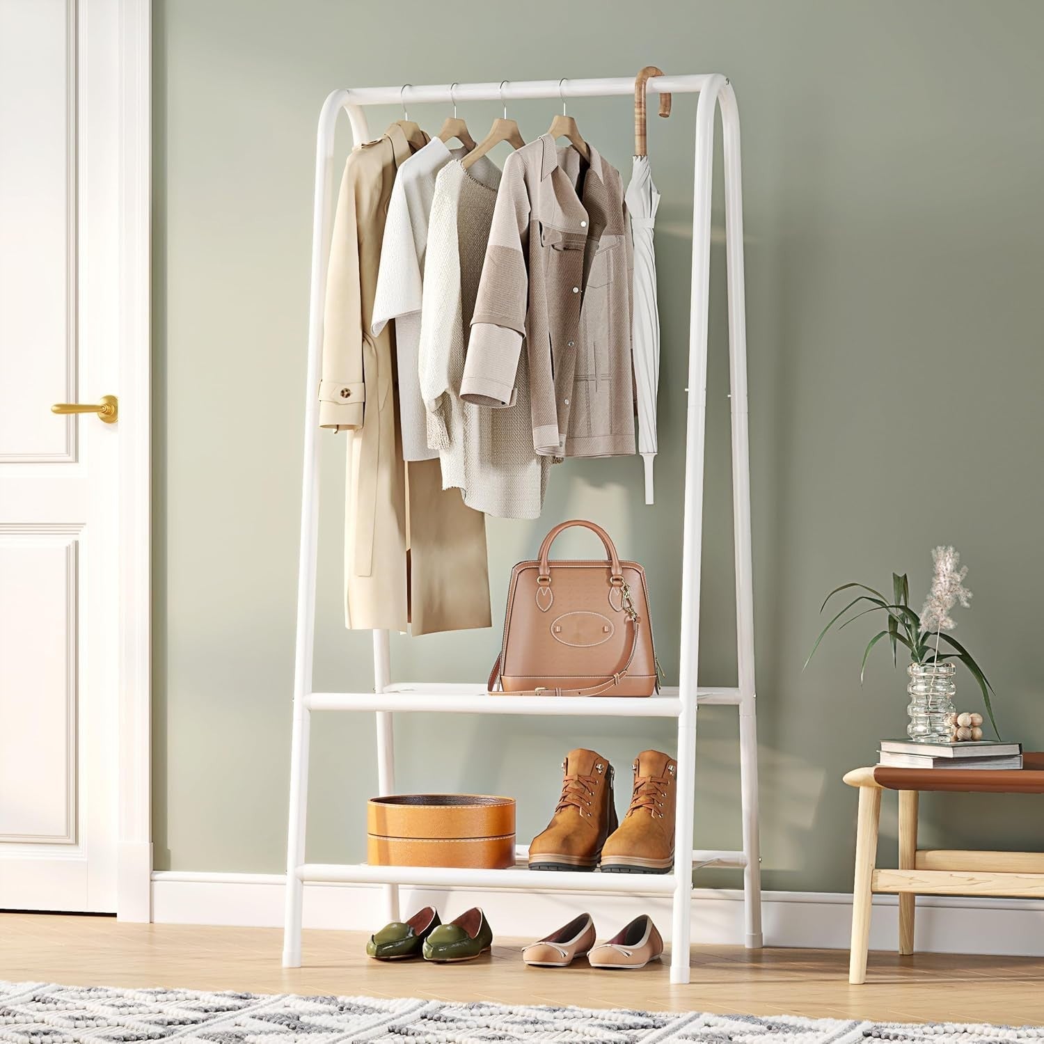 White Metal Clothes Rail with Shelves 62" Heavy Duty Rack