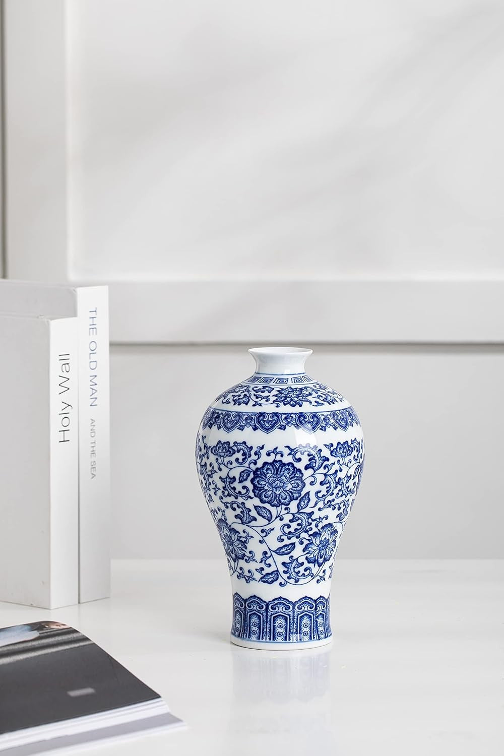 Blue White Ceramic Vase Chinoiserie Floral Table Centerpiece 9 Inch