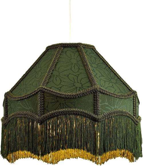 Victorian Empire Lamp Shade Floral Green Jacquard Tassels 30cm