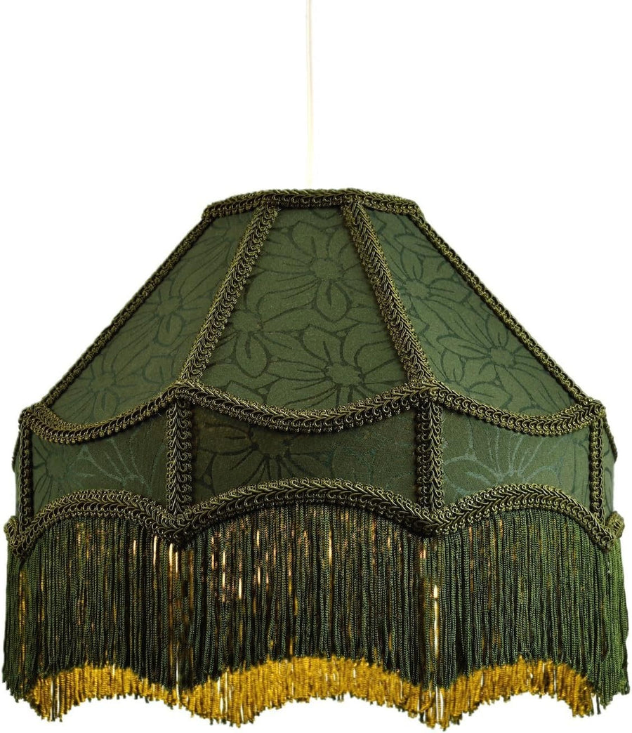 Victorian Empire Lamp Shade Floral Green Jacquard Tassels 30cm