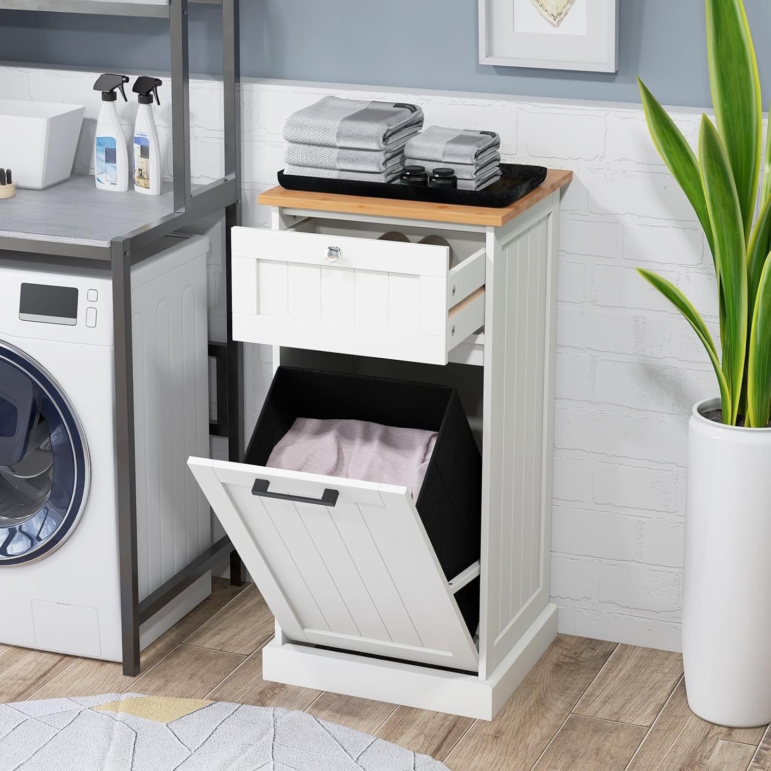 White Tilt-Out Laundry Hamper Cabinet with Drawer 30L Basket Bathroom Unit