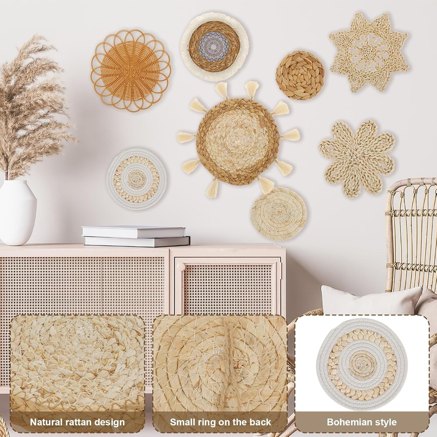 8 Pcs Boho Woven Wall Baskets Handmade Rattan Decor 7 Sizes