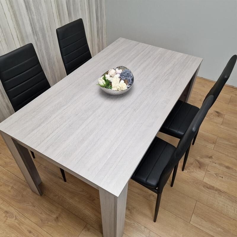 4 Seater Grey Dining Table Set with Black Leather Chairs for Kitchen