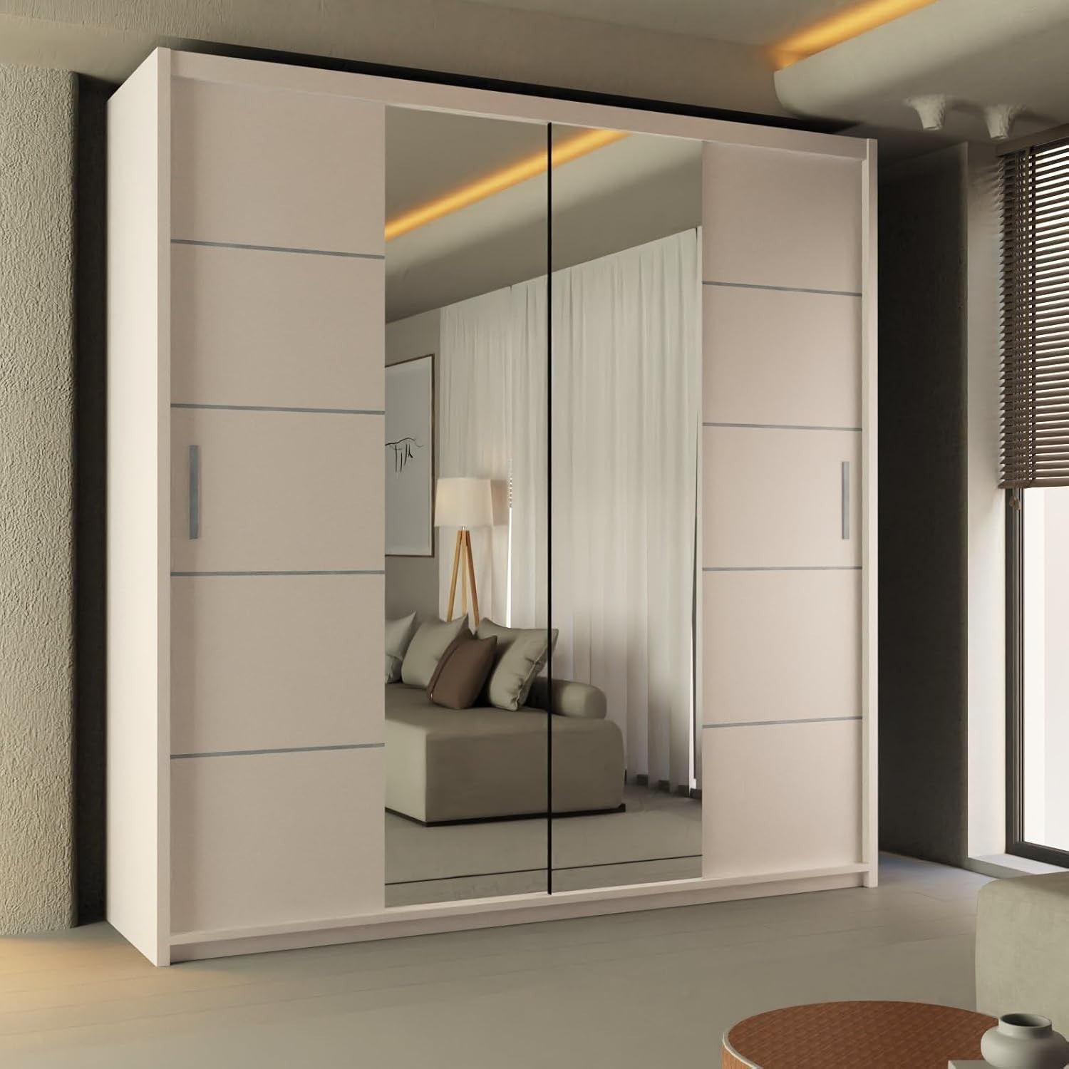 White Sliding Wardrobe 203cm Mirror Doors Modern Bedroom Storage Unit