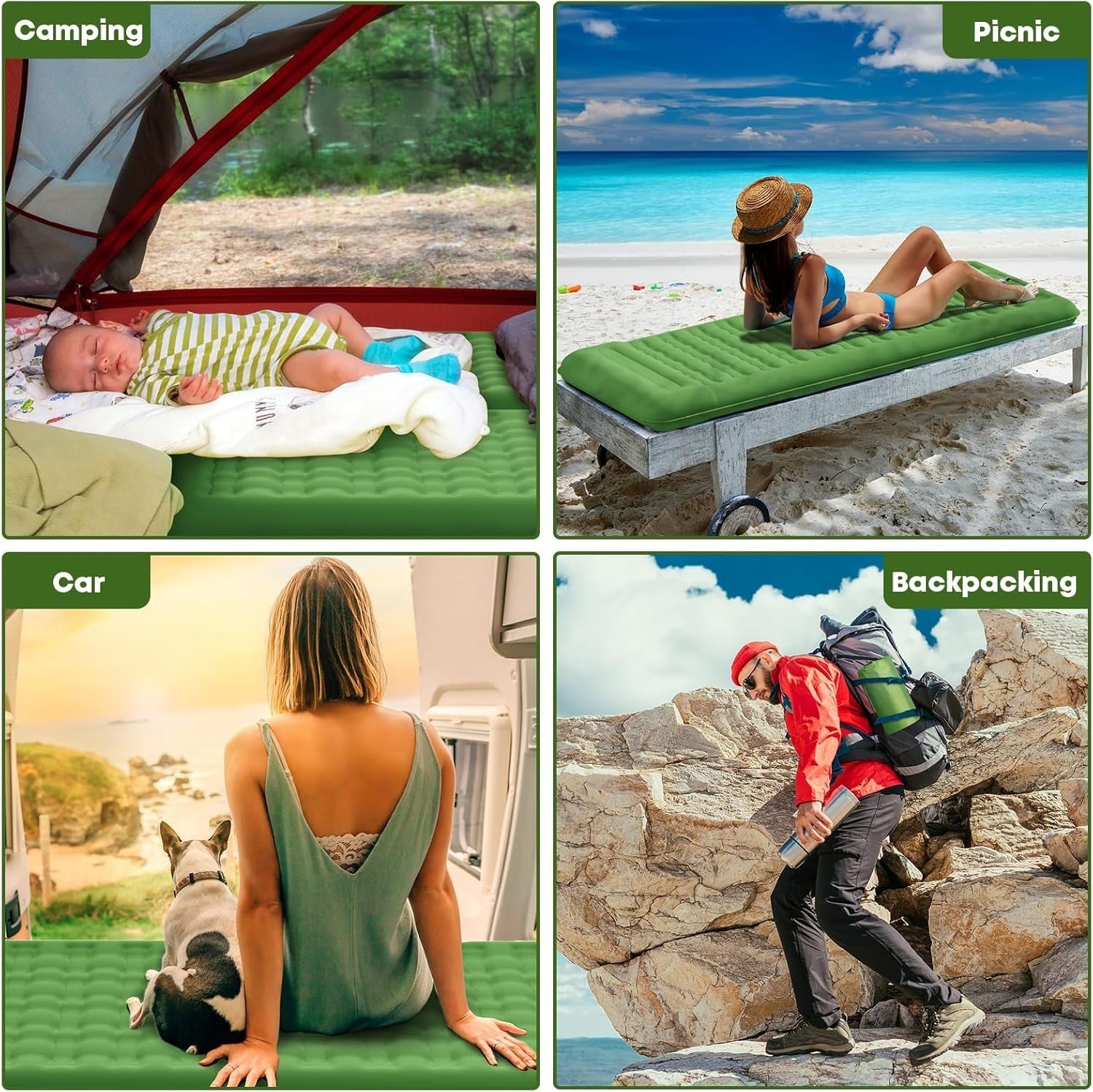 Extra Thick Camping Air Mattress 12–15cm Built-In Foot Pump Pillow Pad Green2