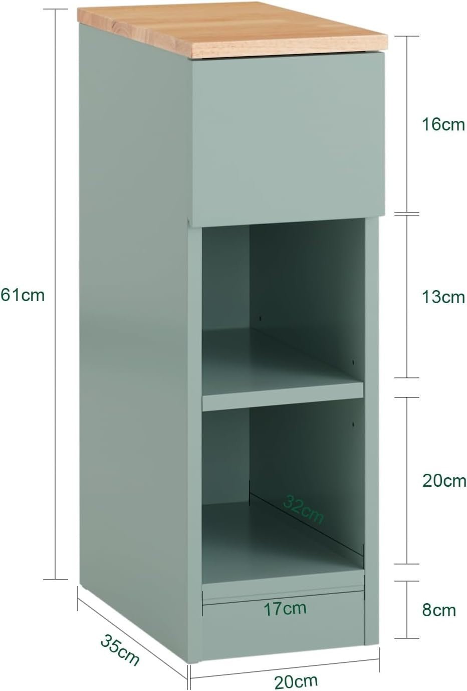 Slim Green Bedside Table with Drawer & 2 Shelves | Modern Narrow Nightstand