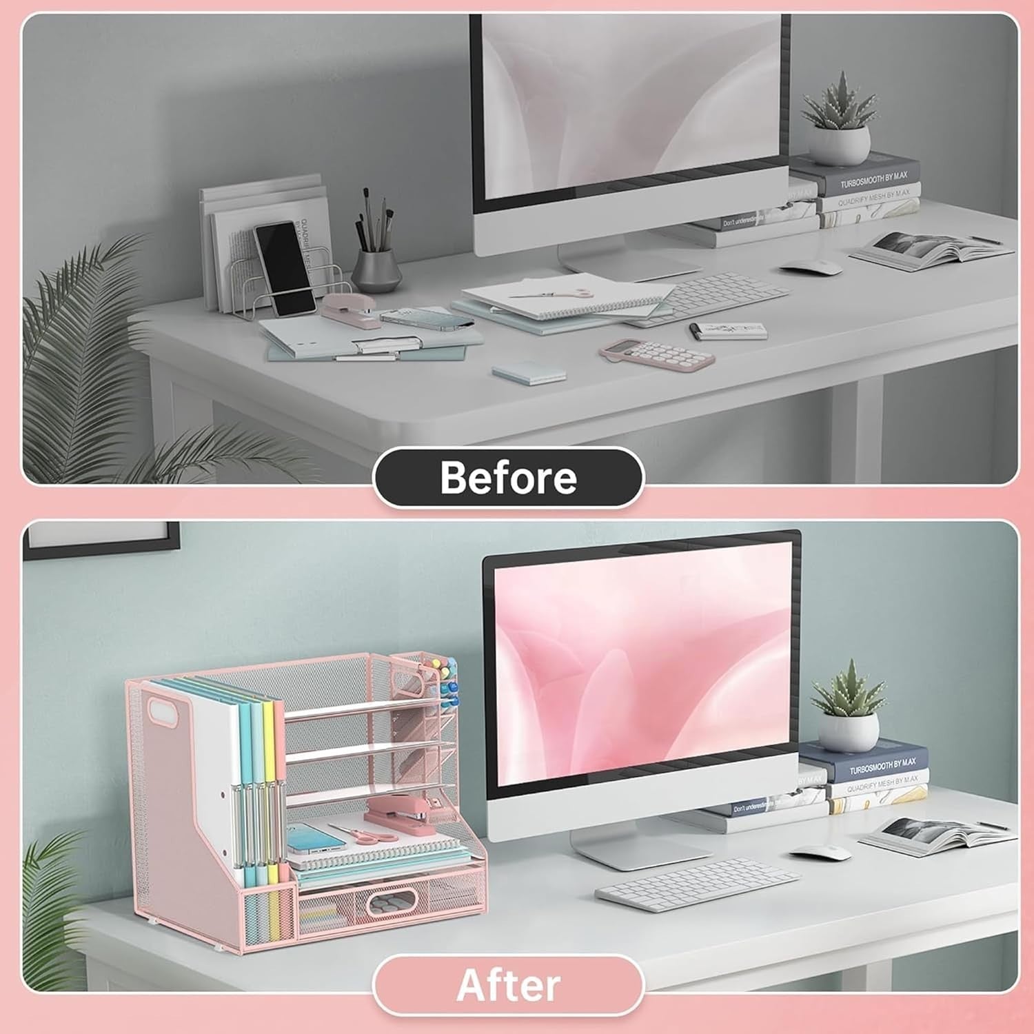 5-Tier Mesh Desk Organiser with File Holder, Pen & Drawer – Pink