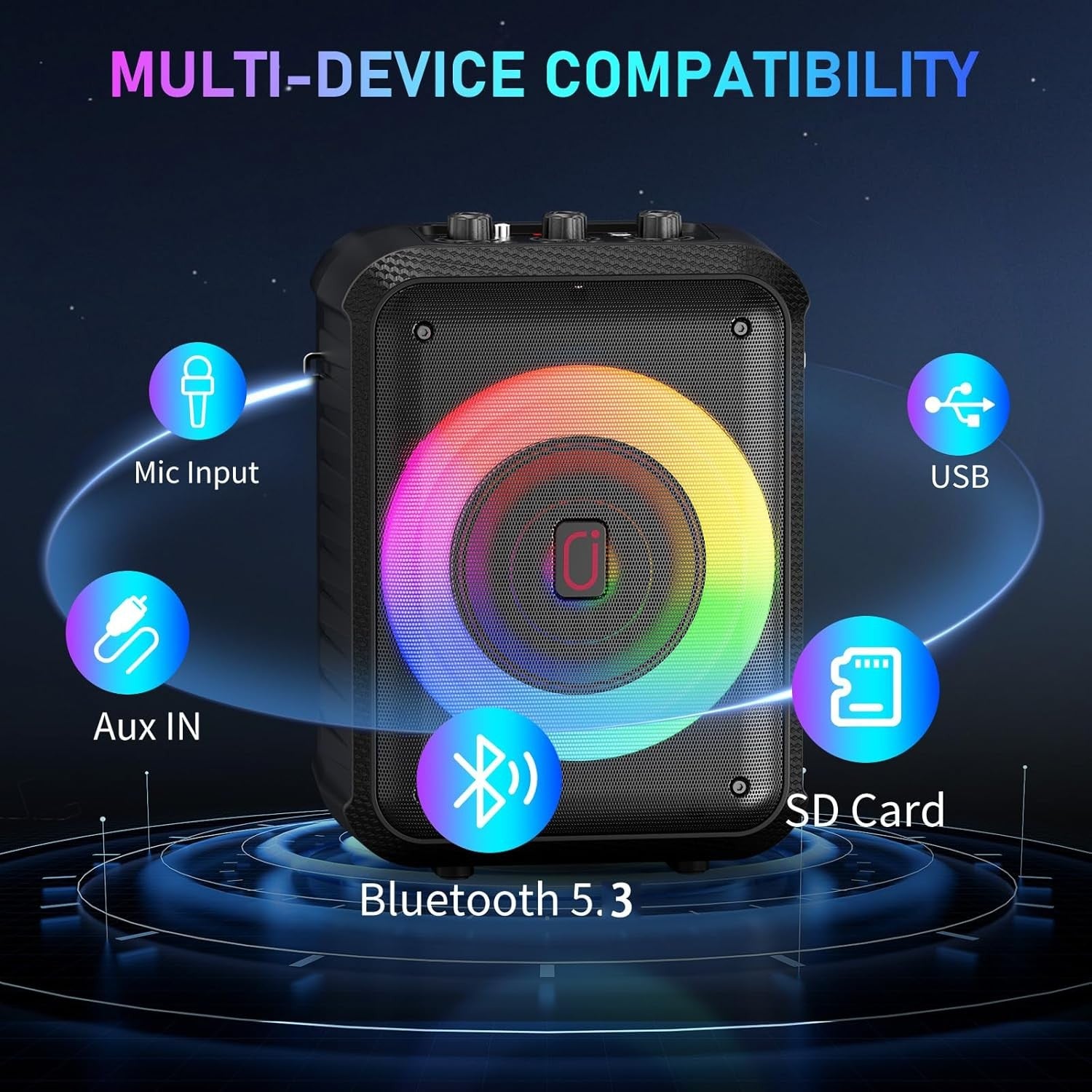Portable Karaoke Machine 2 Wireless Mics Bluetooth PA DJ Lights