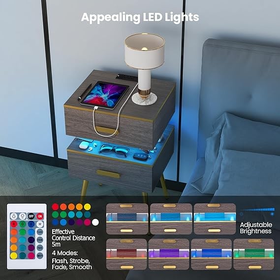 2x LED Smart Bedside Tables with Charging Station | 2-Drawer Modern Nightstands